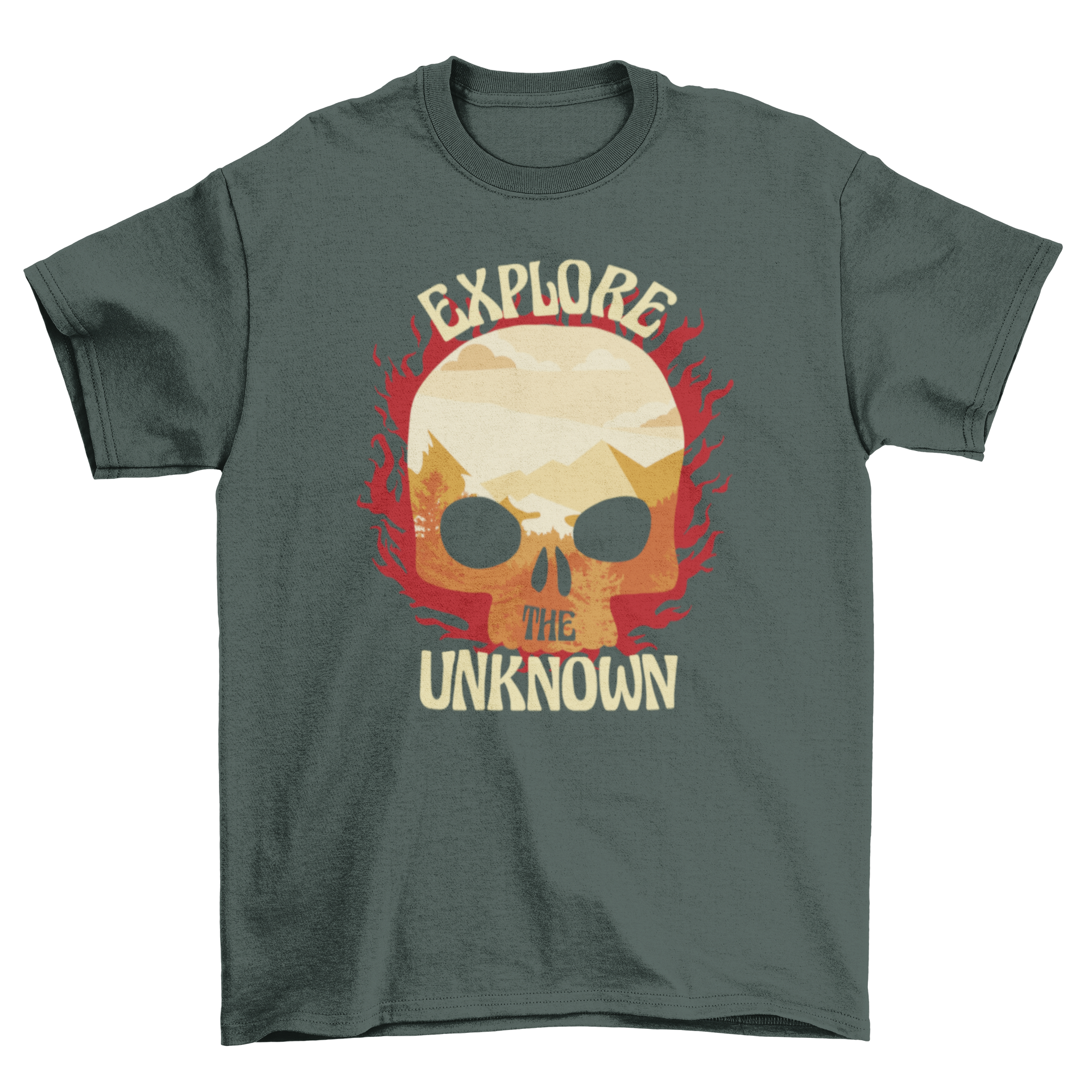 A stylish t-shirt featuring a fiery skull design with a forest landscape and the quote 'Explore the unknown'.