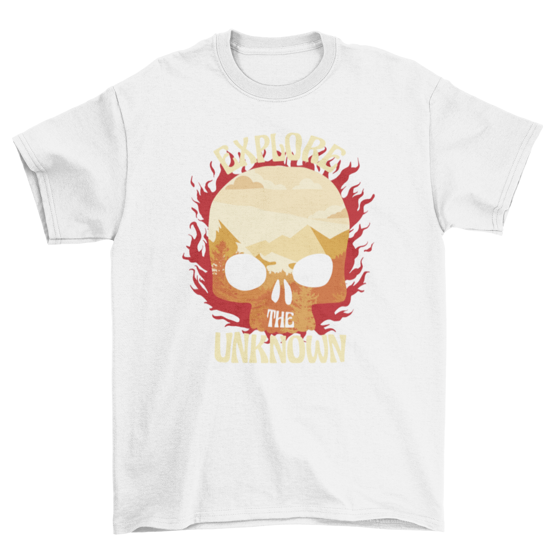 A stylish t-shirt featuring a fiery skull design with a forest landscape and the quote 'Explore the unknown'.