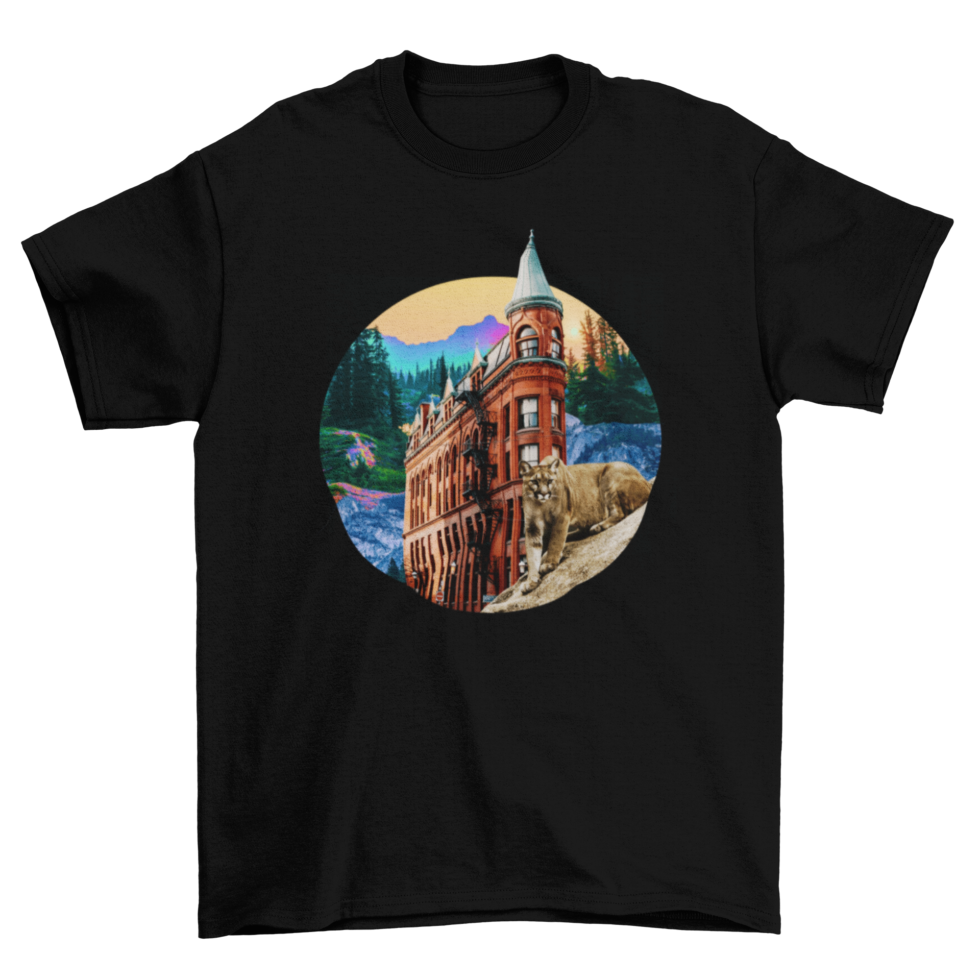 A stylish t-shirt featuring a fantasy landscape with a castle and a puma, perfect for nature lovers.