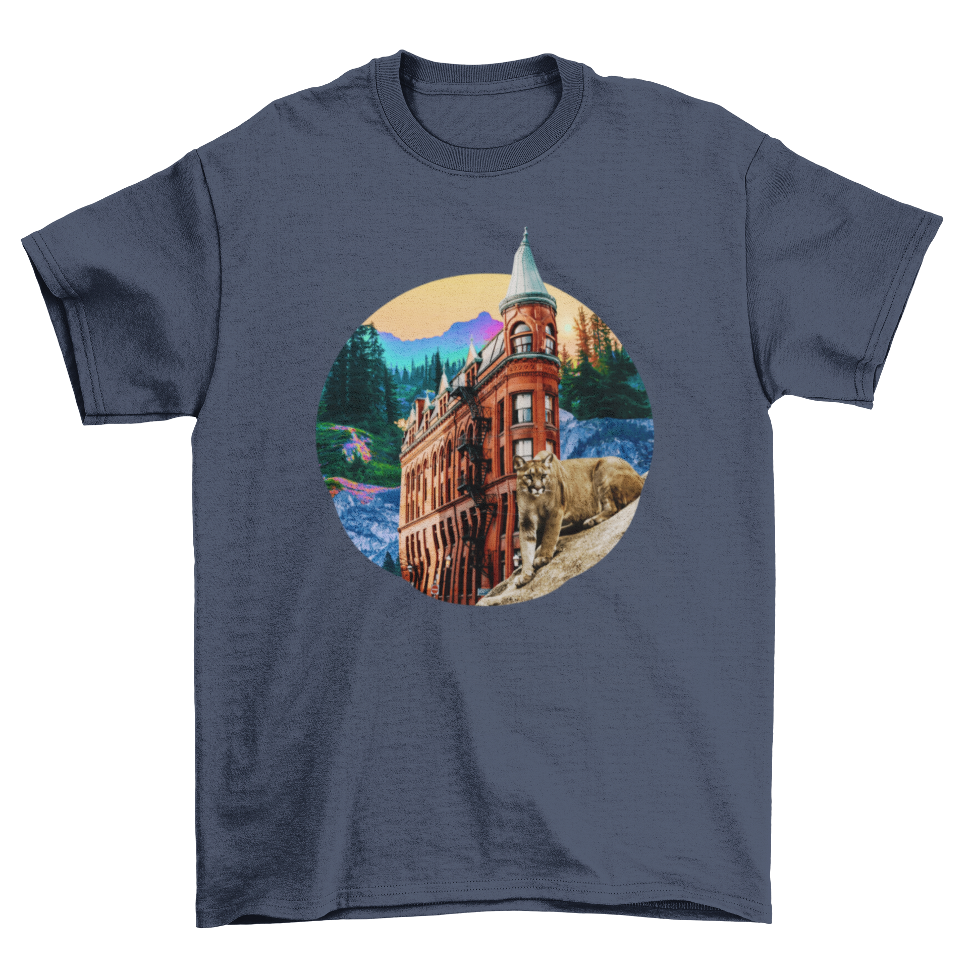 A stylish t-shirt featuring a fantasy landscape with a castle and a puma, perfect for nature lovers.