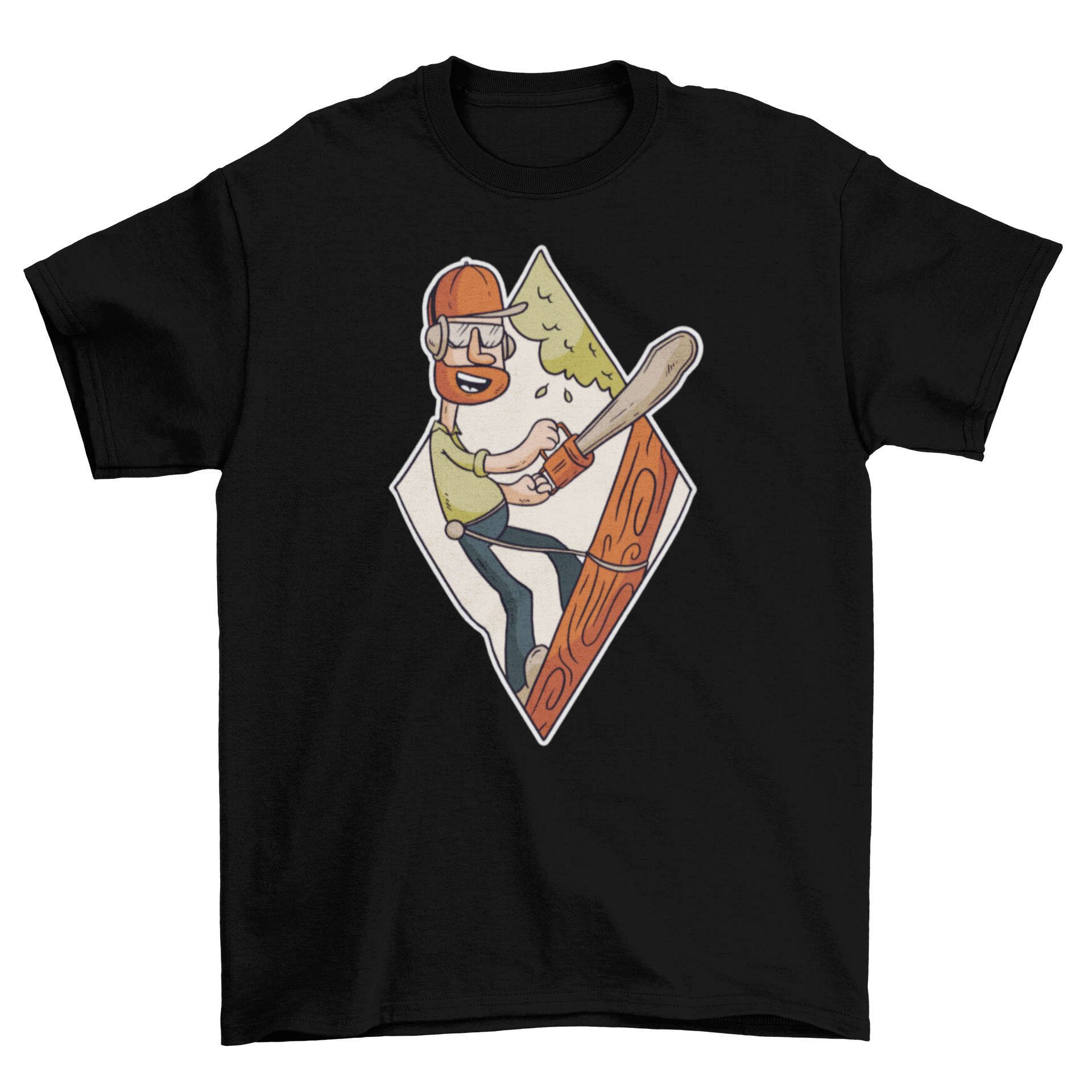 Forest Ranger T-Shirt featuring a cartoon lumberjack with a chainsaw cutting a tree, showcasing a fun and adventurous design.