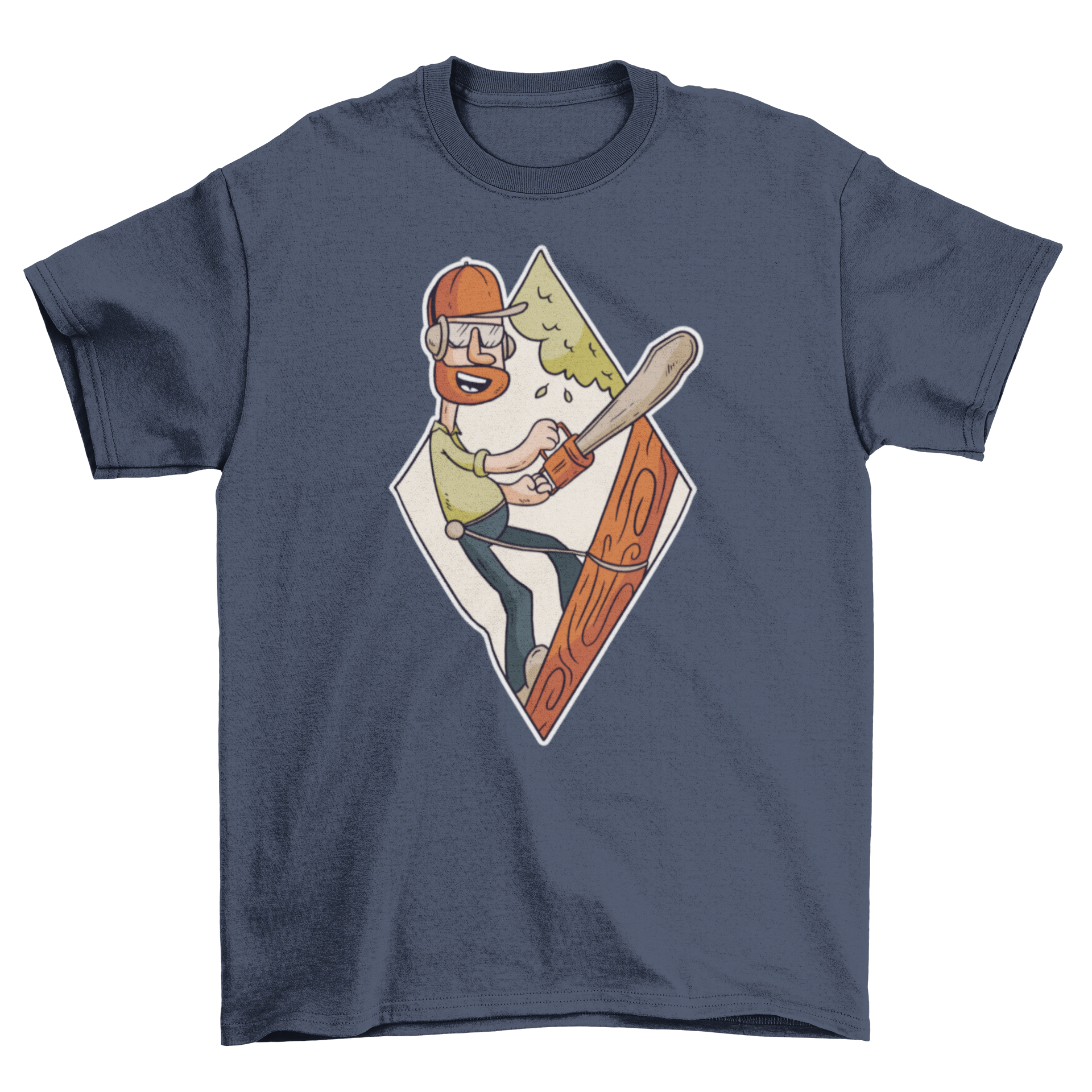 Forest Ranger T-Shirt featuring a cartoon lumberjack with a chainsaw cutting a tree, showcasing a fun and adventurous design.