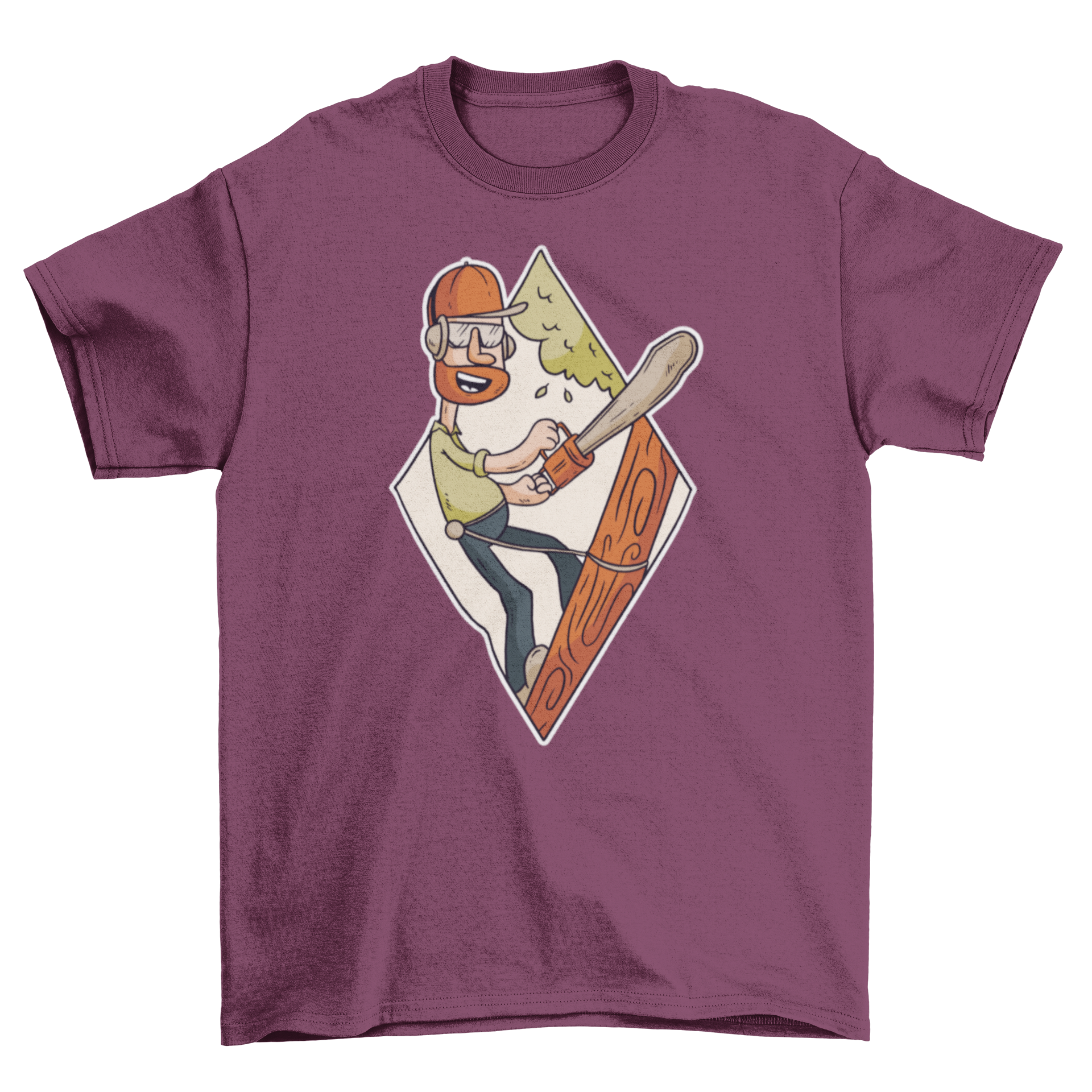 Forest Ranger T-Shirt featuring a cartoon lumberjack with a chainsaw cutting a tree, showcasing a fun and adventurous design.