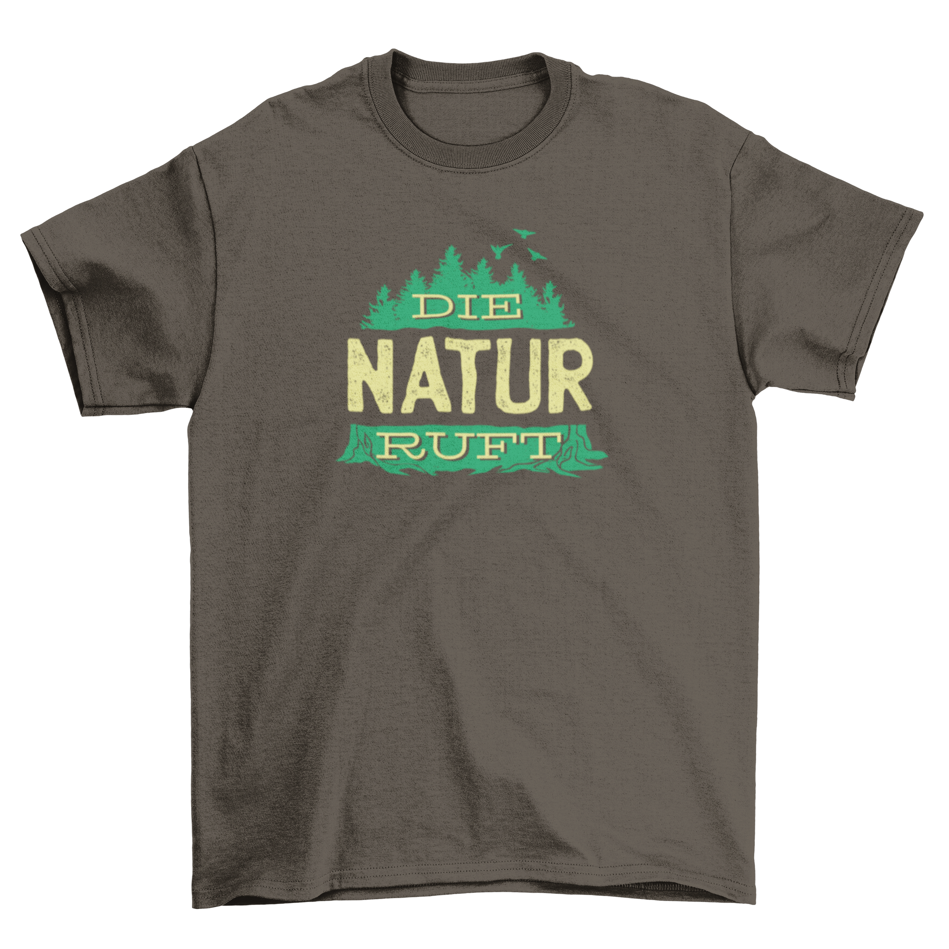 Forest Tree Silhouette T-shirt with German quote 'DIE NATUR RUFT', showcasing a serene forest design.