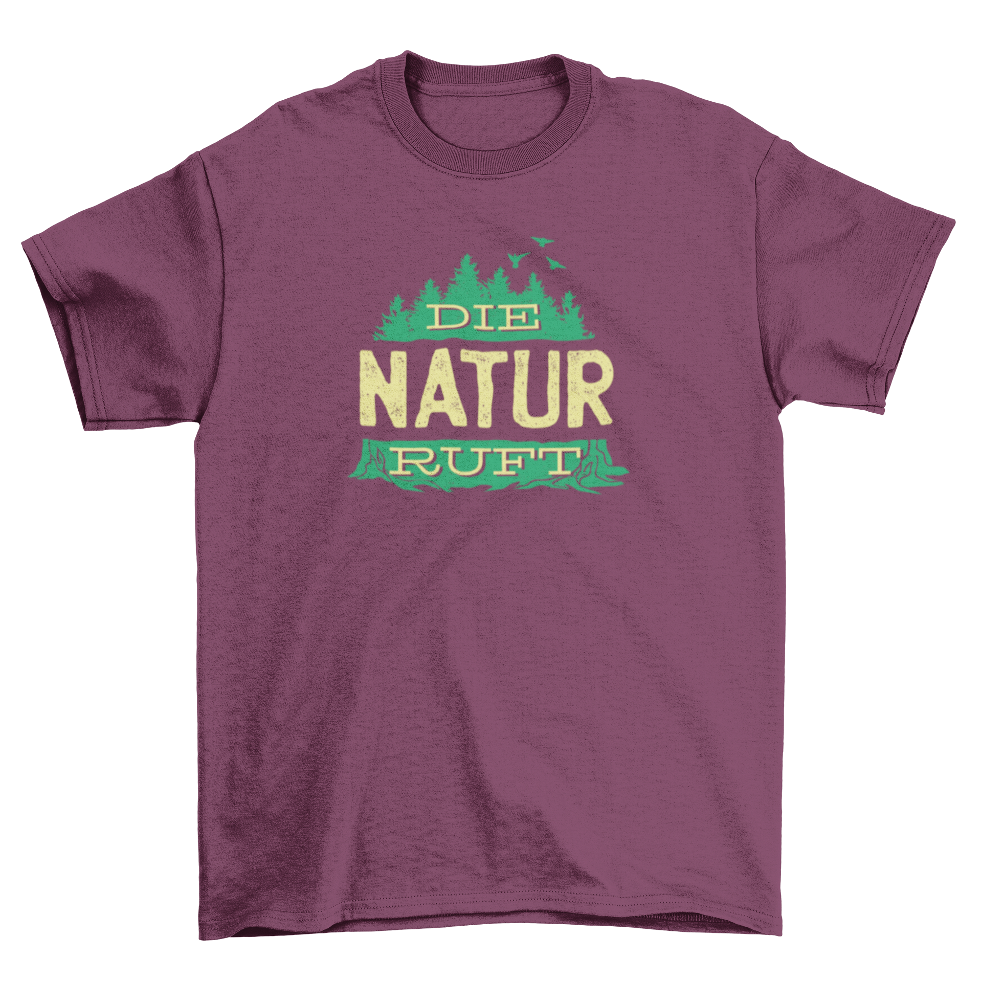 Forest Tree Silhouette T-shirt with German quote 'DIE NATUR RUFT', showcasing a serene forest design.