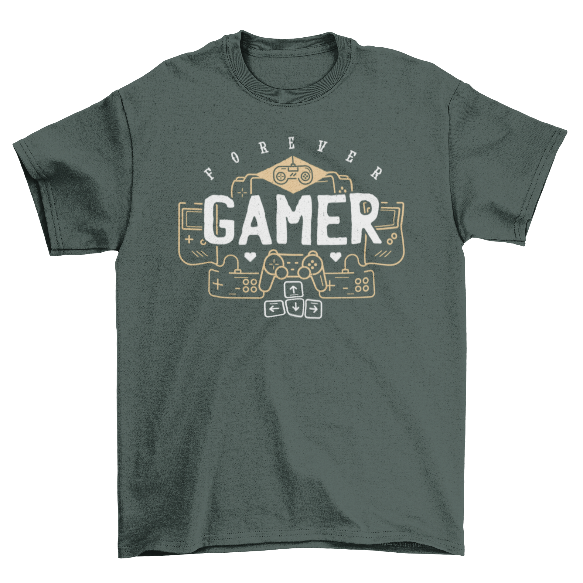 Forever Gamer T-Shirt featuring various video game joysticks and distressed text design.