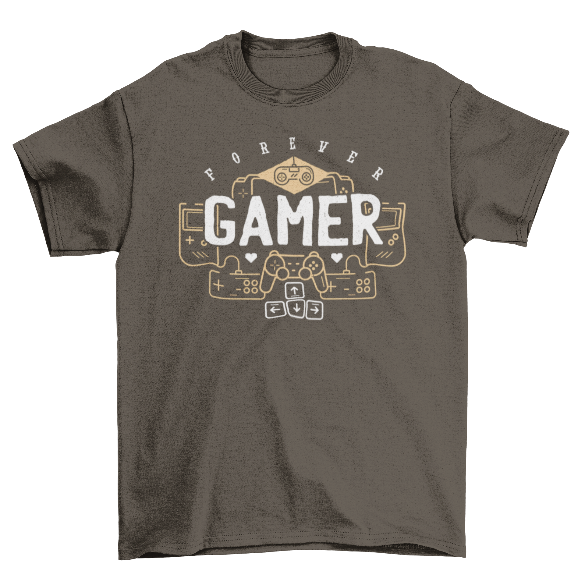 Forever Gamer T-Shirt featuring various video game joysticks and distressed text design.