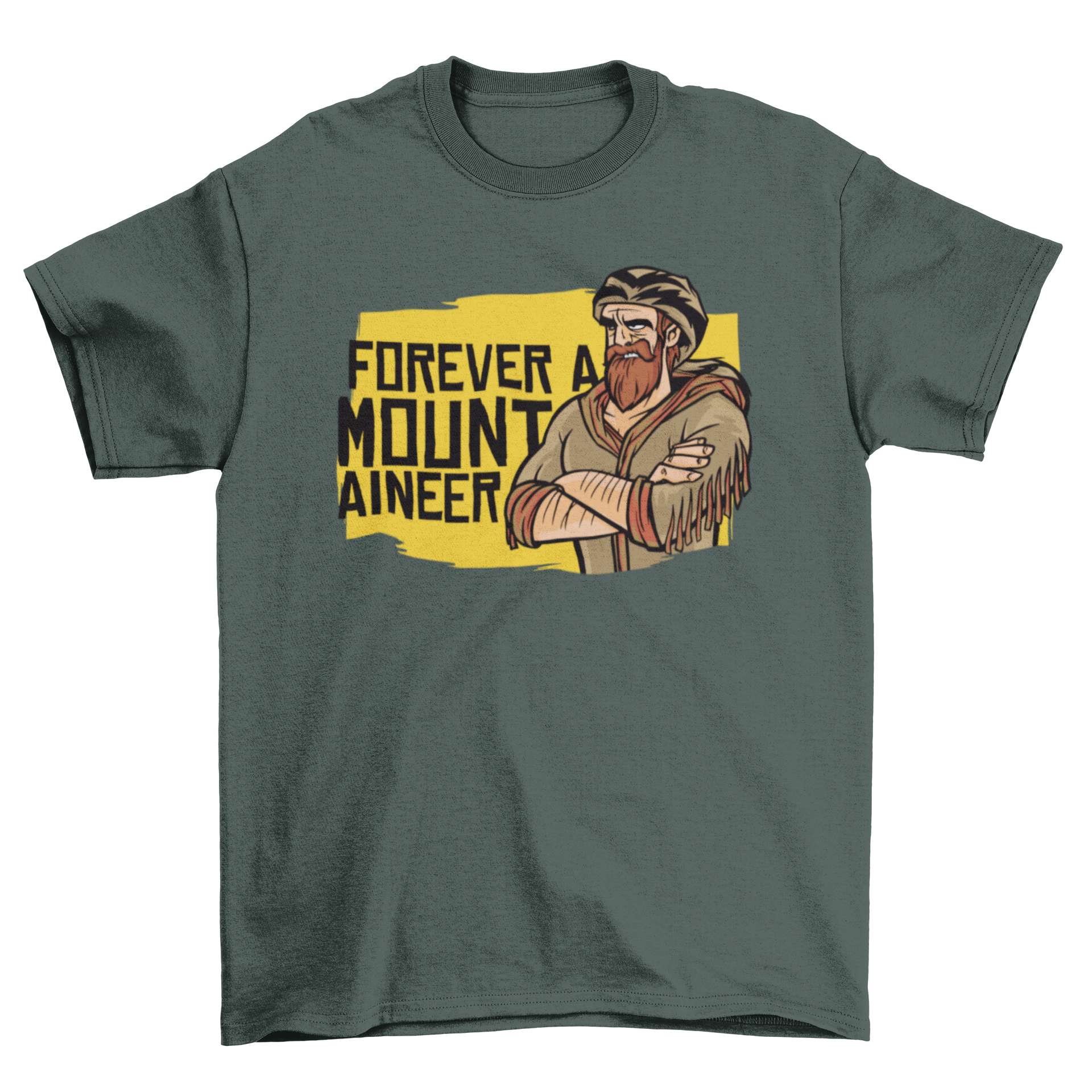 Forever Mountaineer T-shirt featuring a mountaineer illustration and 'Forever a Mountaineer' quote on a yellow background.