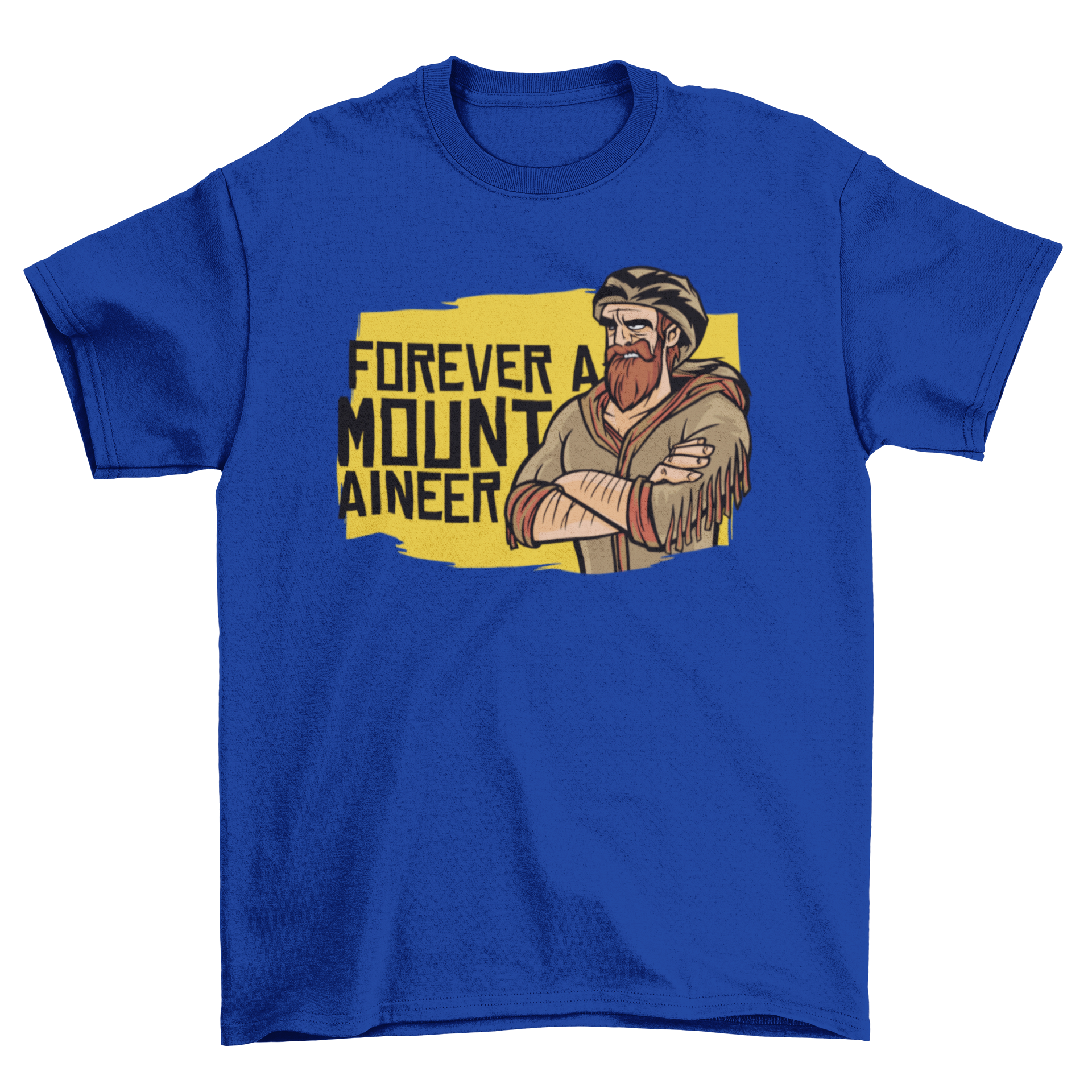 Forever Mountaineer T-shirt featuring a mountaineer illustration and 'Forever a Mountaineer' quote on a yellow background.