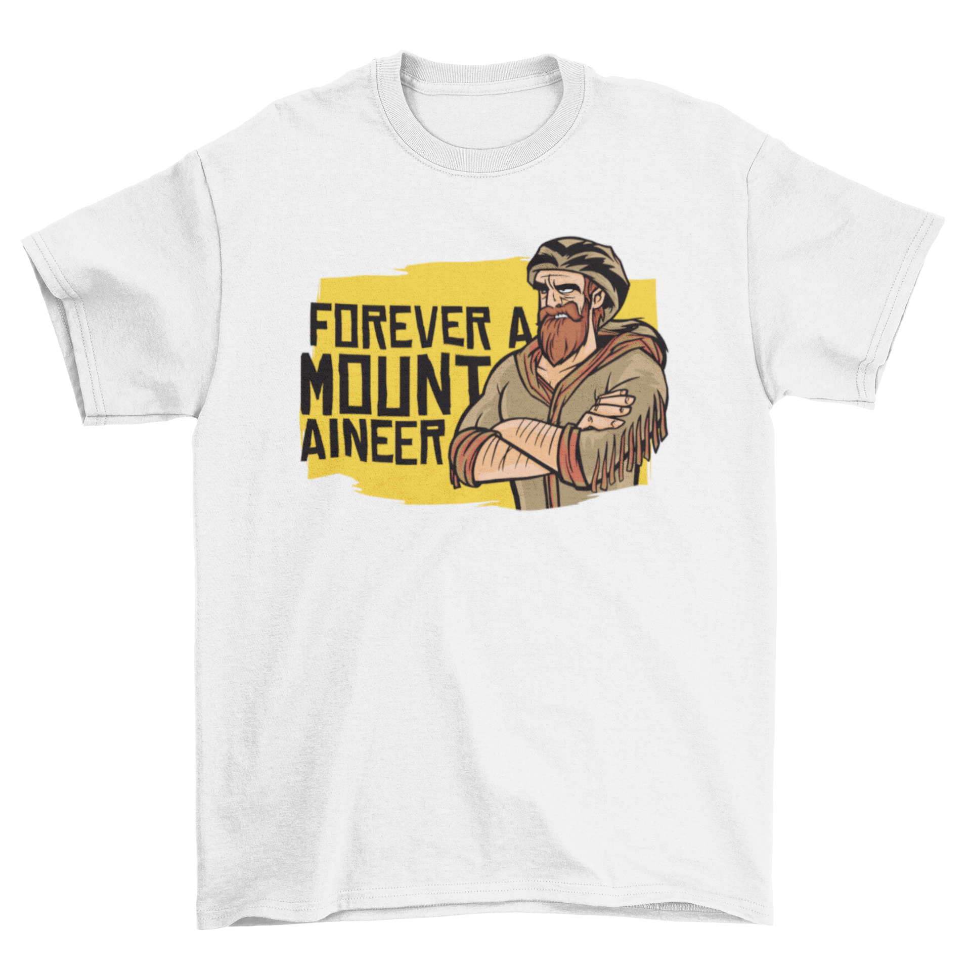 Forever Mountaineer T-shirt featuring a mountaineer illustration and 'Forever a Mountaineer' quote on a yellow background.