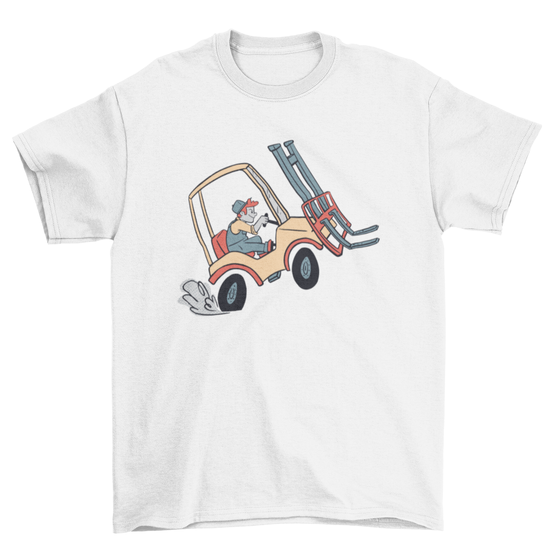 A stylish t-shirt featuring a graphic of a man driving a forklift truck, showcasing a modern design.