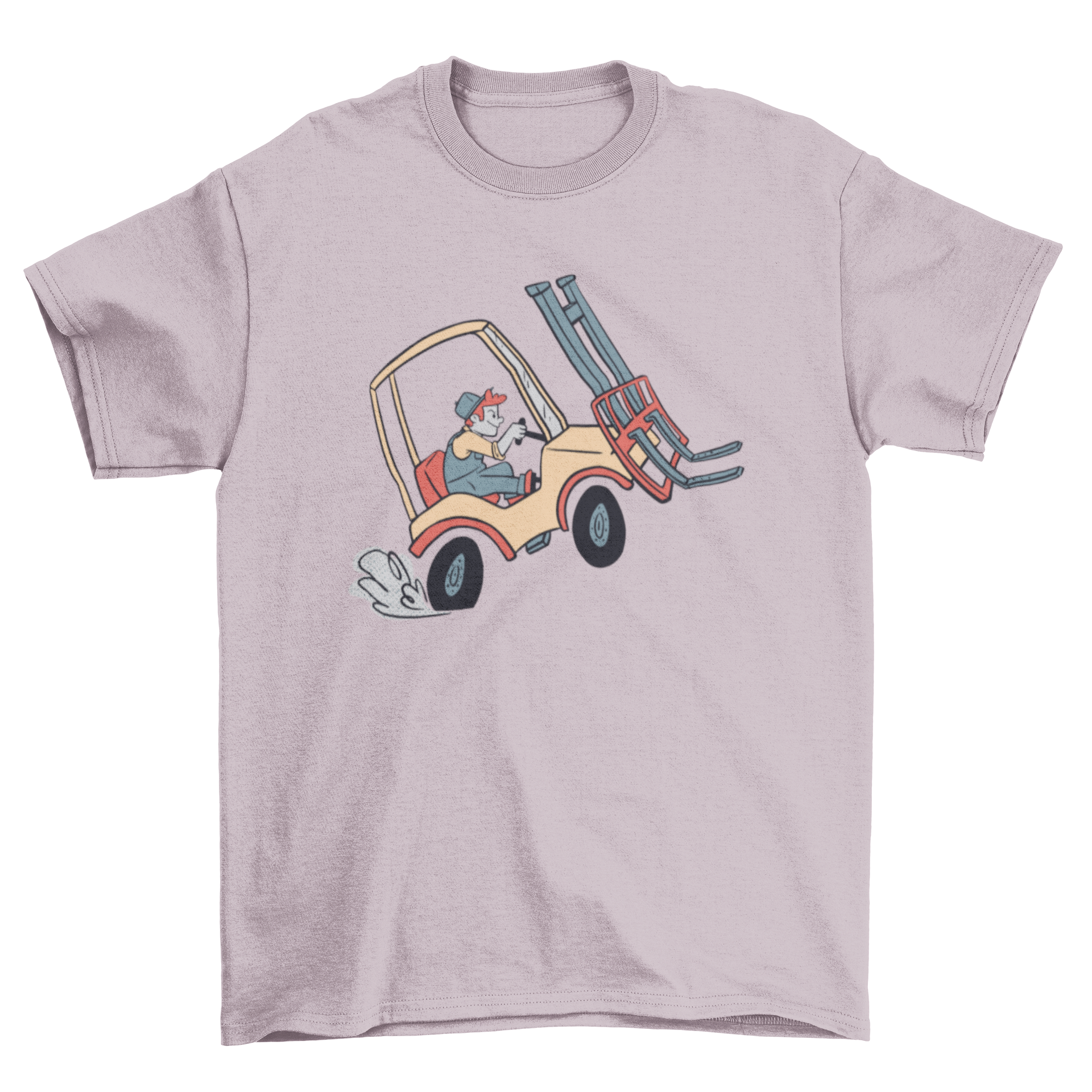 A stylish t-shirt featuring a graphic of a man driving a forklift truck, showcasing a modern design.