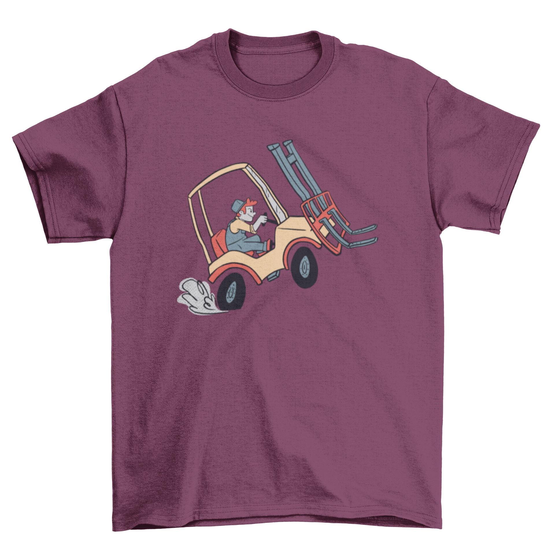 A stylish t-shirt featuring a graphic of a man driving a forklift truck, showcasing a modern design.