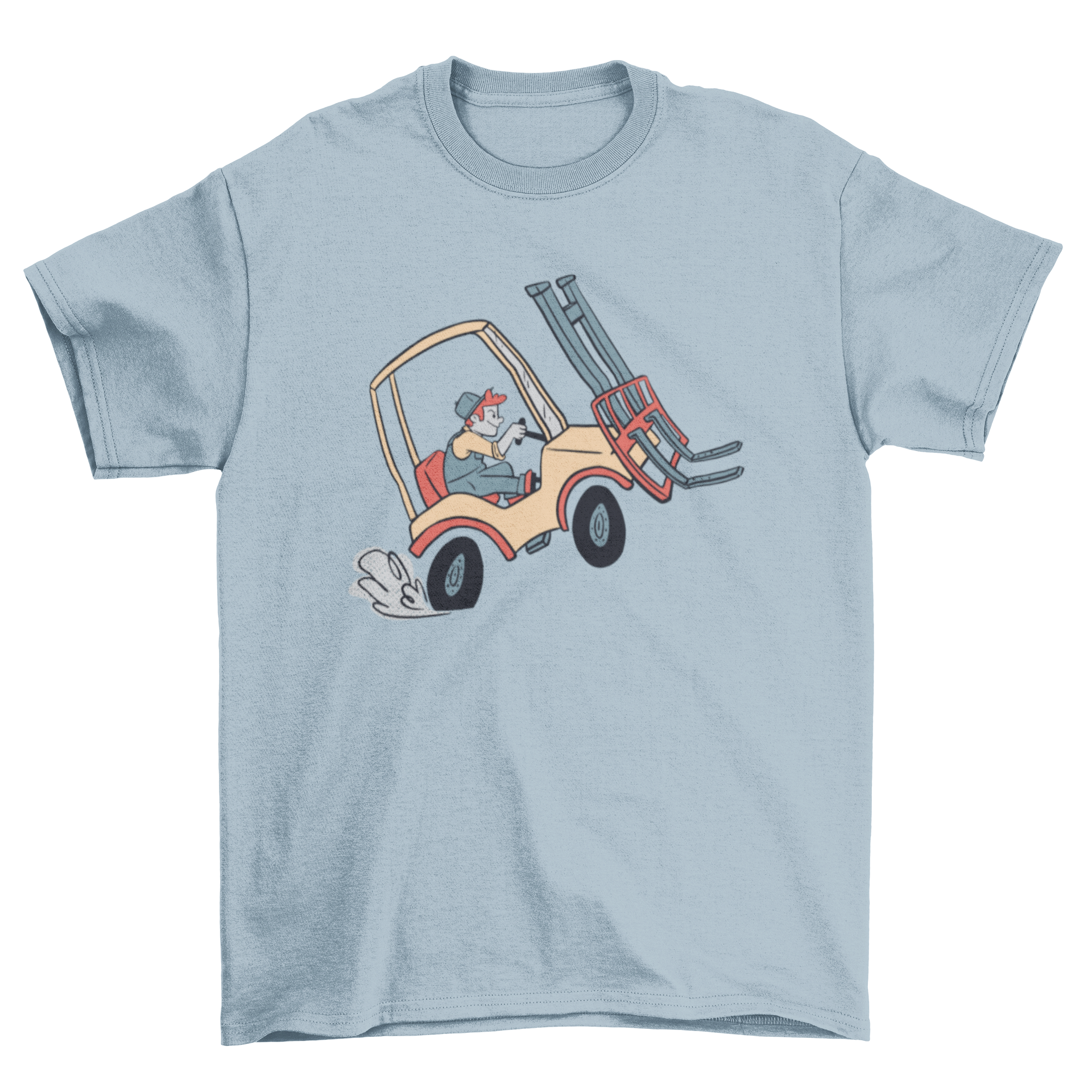 A stylish t-shirt featuring a graphic of a man driving a forklift truck, showcasing a modern design.