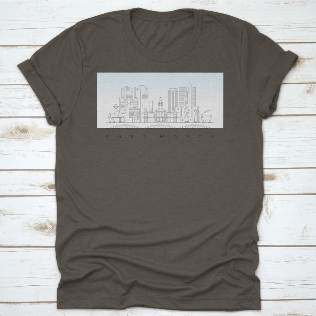 Fort Worth Texas City Skyline vector illustration on a classic fit T-shirt, showcasing the city's iconic skyline in vibrant colors.