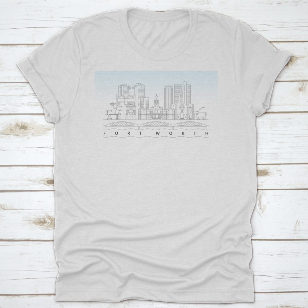 Fort Worth Texas City Skyline vector illustration on a classic fit T-shirt, showcasing the city's iconic skyline in vibrant colors.