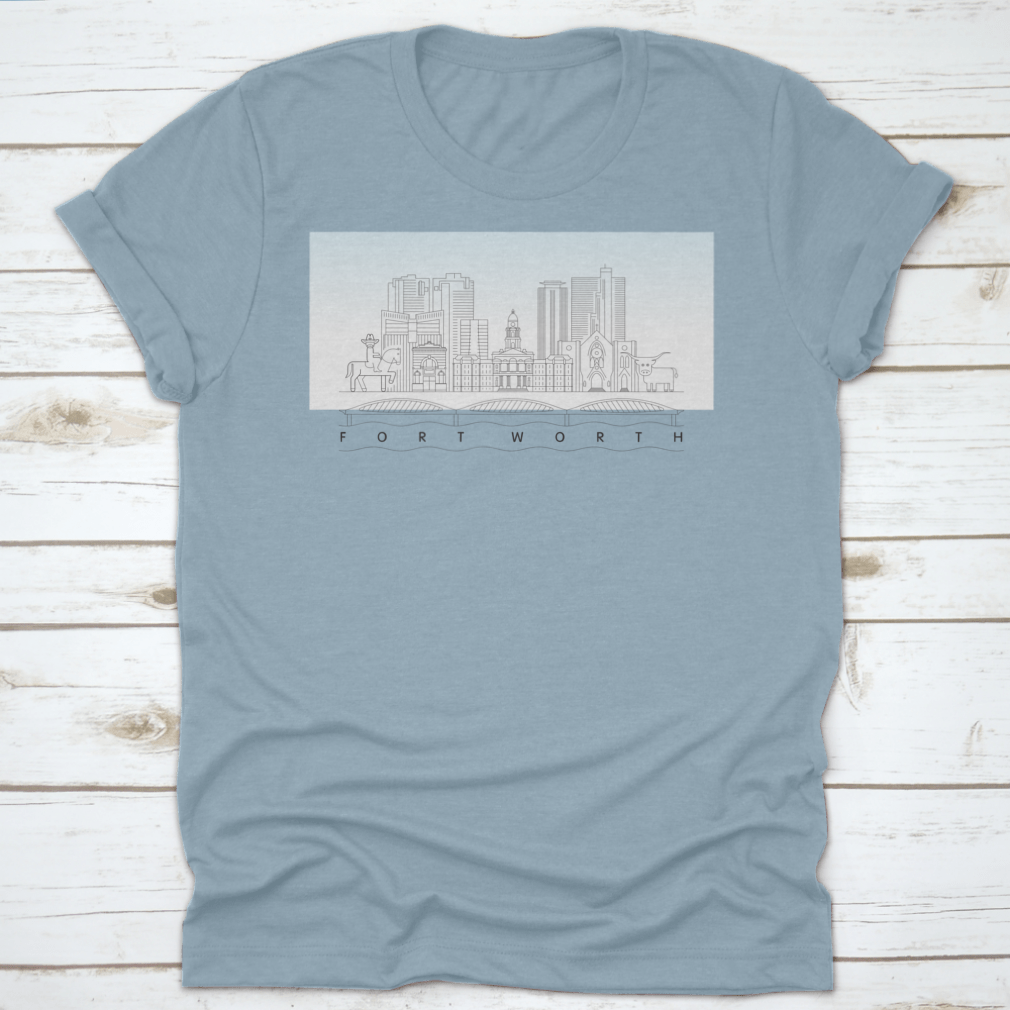 Fort Worth Texas City Skyline vector illustration on a classic fit T-shirt, showcasing the city's iconic skyline in vibrant colors.