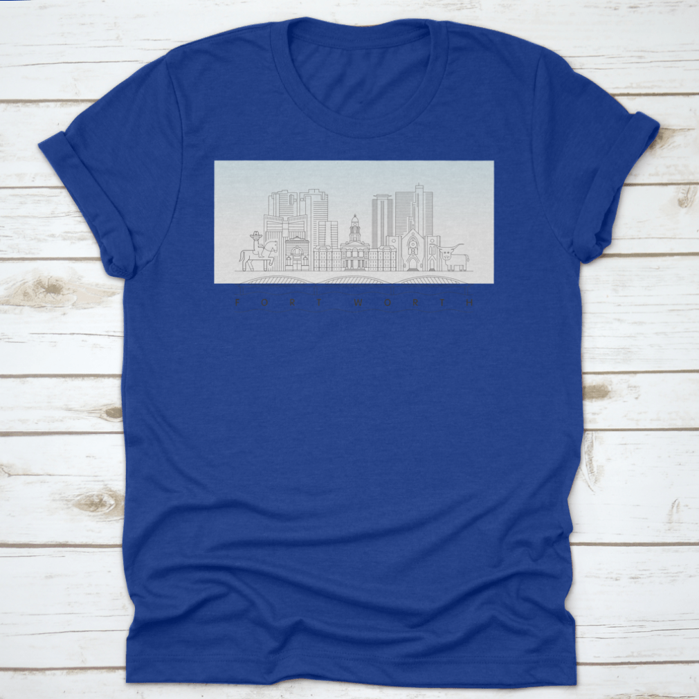 Fort Worth Texas City Skyline vector illustration on a classic fit T-shirt, showcasing the city's iconic skyline in vibrant colors.