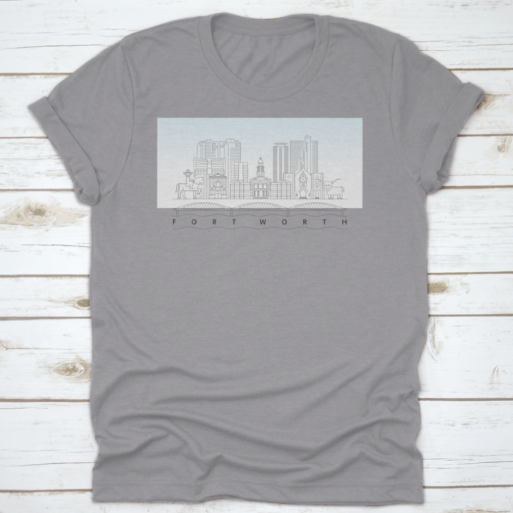 Fort Worth Texas City Skyline vector illustration on a classic fit T-shirt, showcasing the city's iconic skyline in vibrant colors.