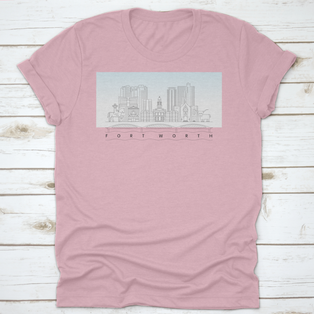 Fort Worth Texas City Skyline vector illustration on a classic fit T-shirt, showcasing the city's iconic skyline in vibrant colors.