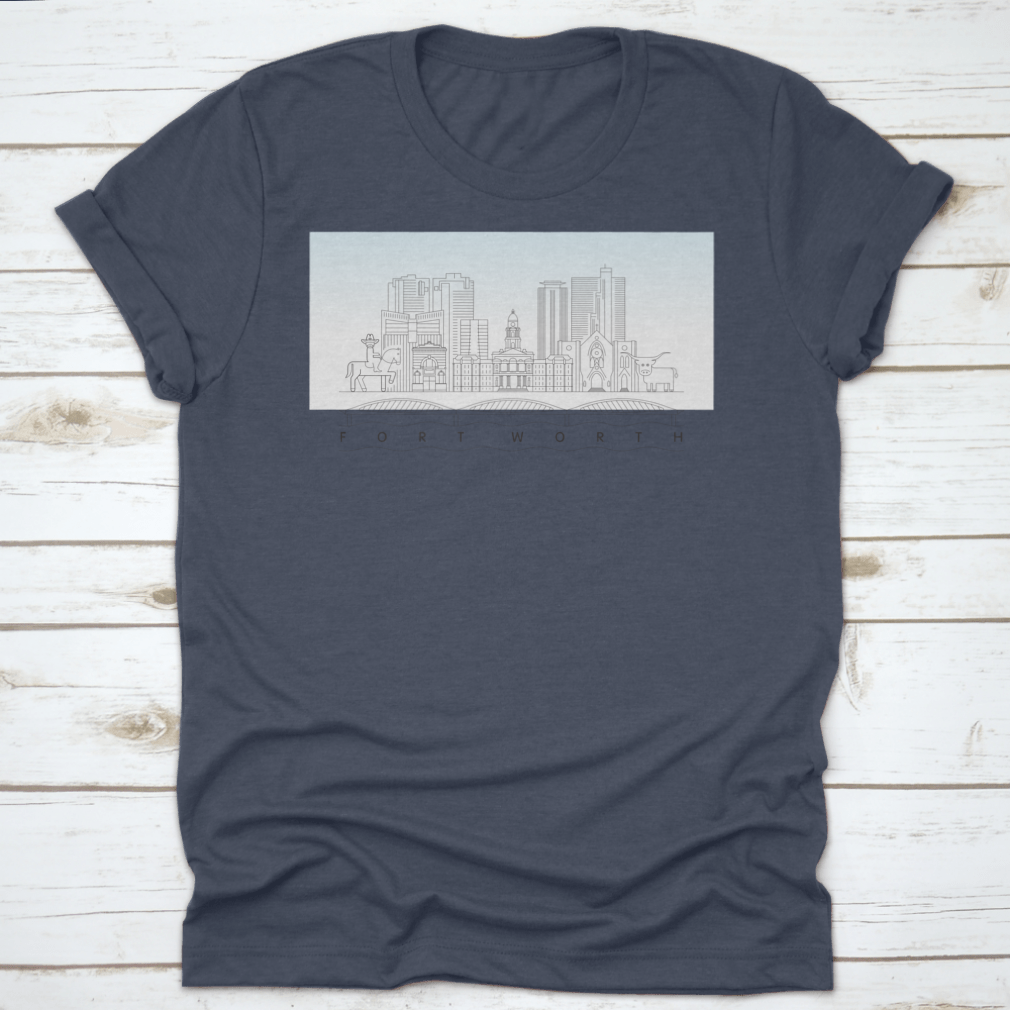 Fort Worth Texas City Skyline vector illustration on a classic fit T-shirt, showcasing the city's iconic skyline in vibrant colors.