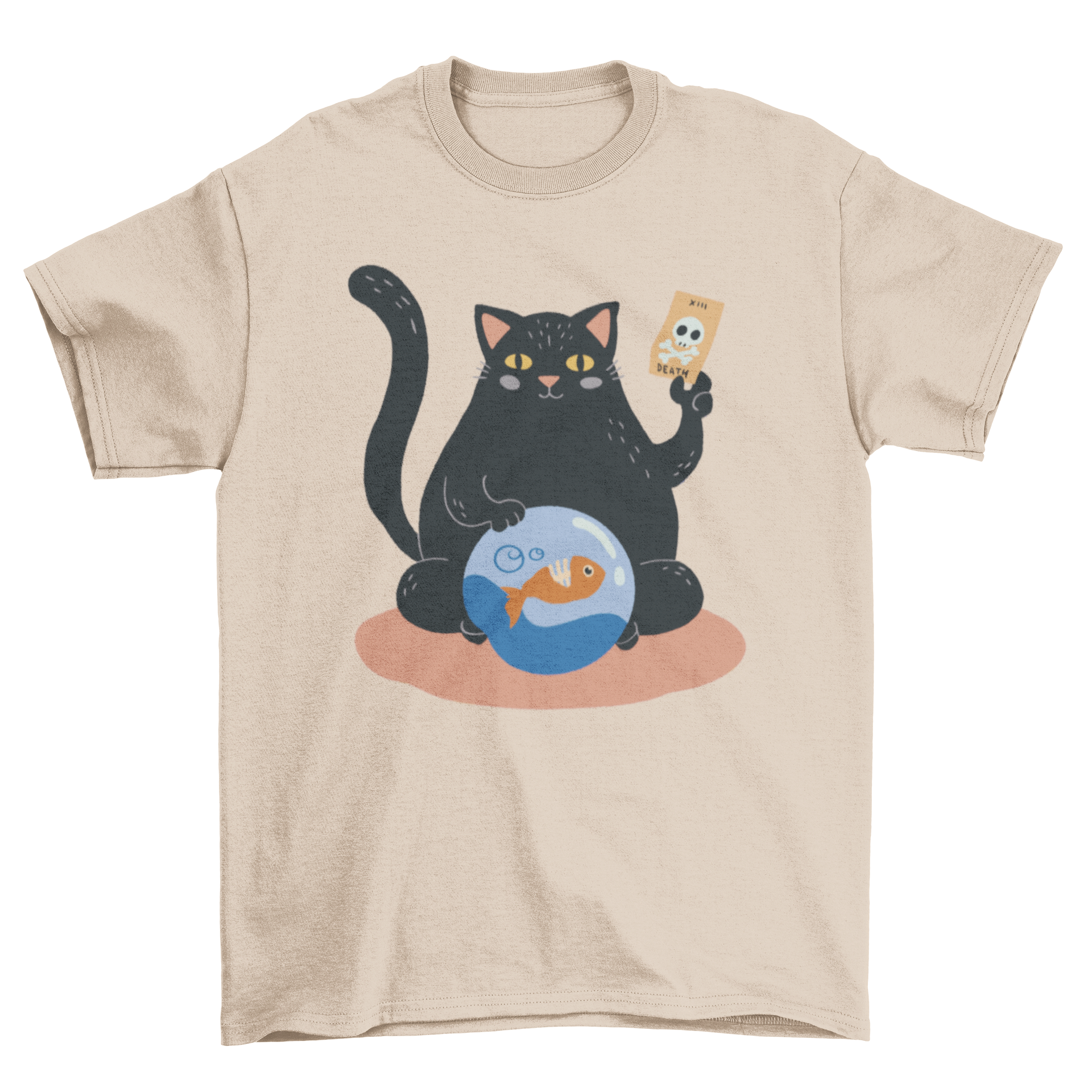 A stylish black t-shirt featuring a whimsical design of a fortune teller cat, perfect for cat lovers.