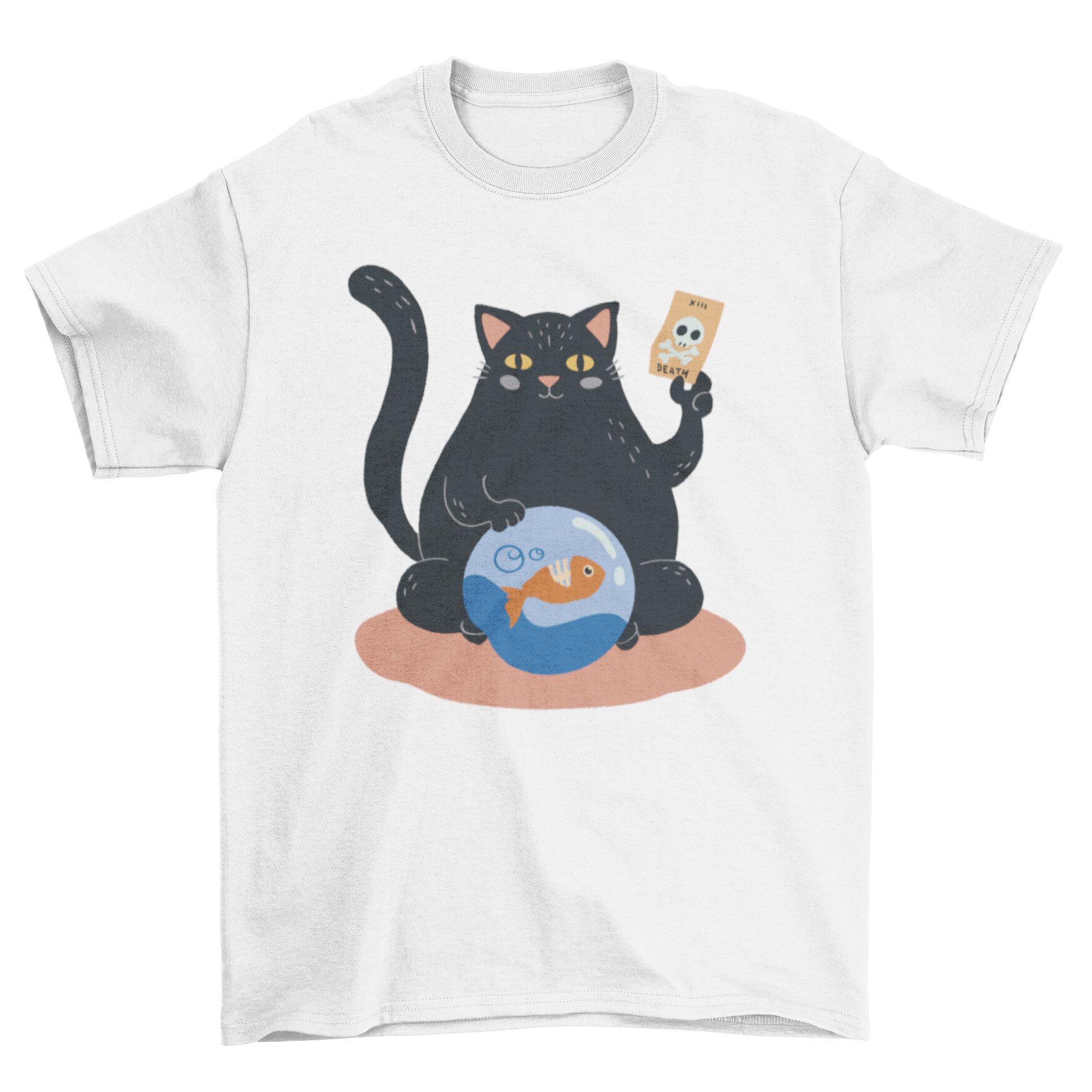 A stylish black t-shirt featuring a whimsical design of a fortune teller cat, perfect for cat lovers.