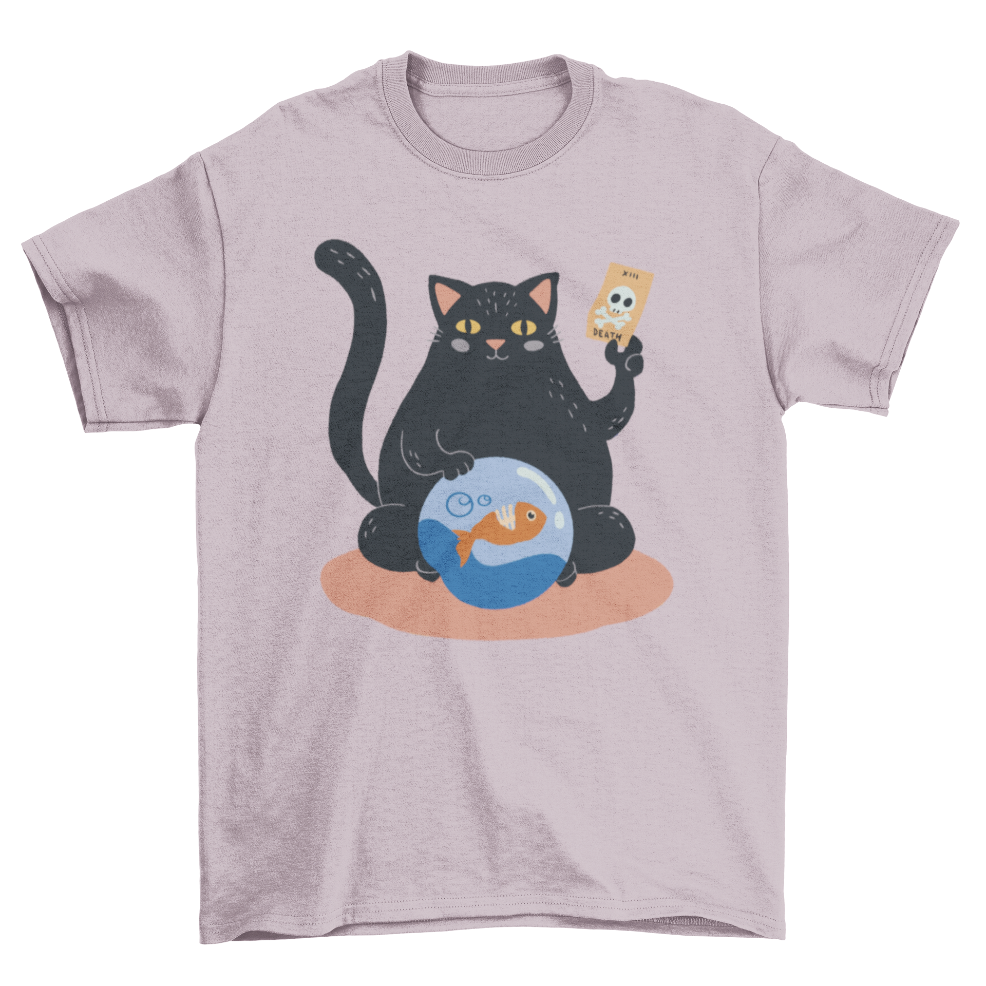 A stylish black t-shirt featuring a whimsical design of a fortune teller cat, perfect for cat lovers.