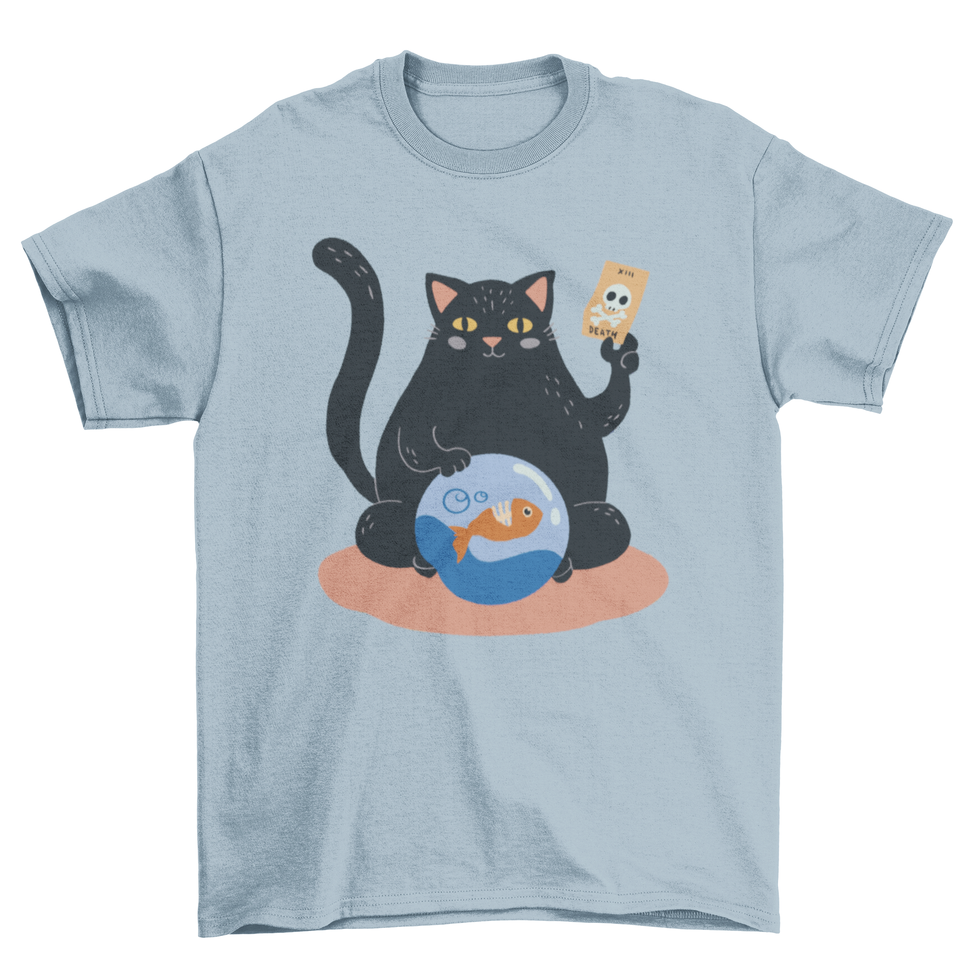 A stylish black t-shirt featuring a whimsical design of a fortune teller cat, perfect for cat lovers.