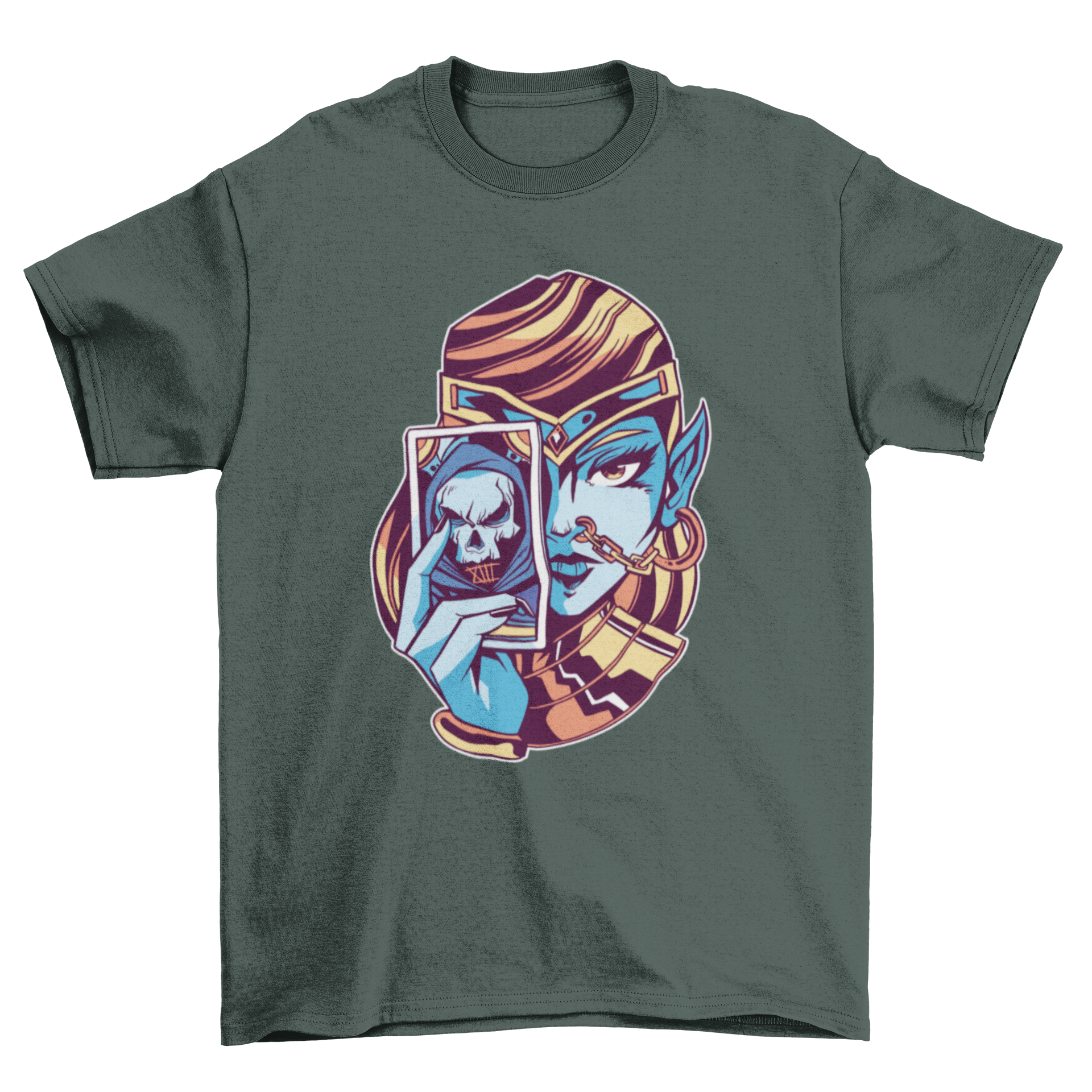 A fortune teller t-shirt design featuring a whimsical elf holding a death tarot card, showcasing intricate details and vibrant colors.