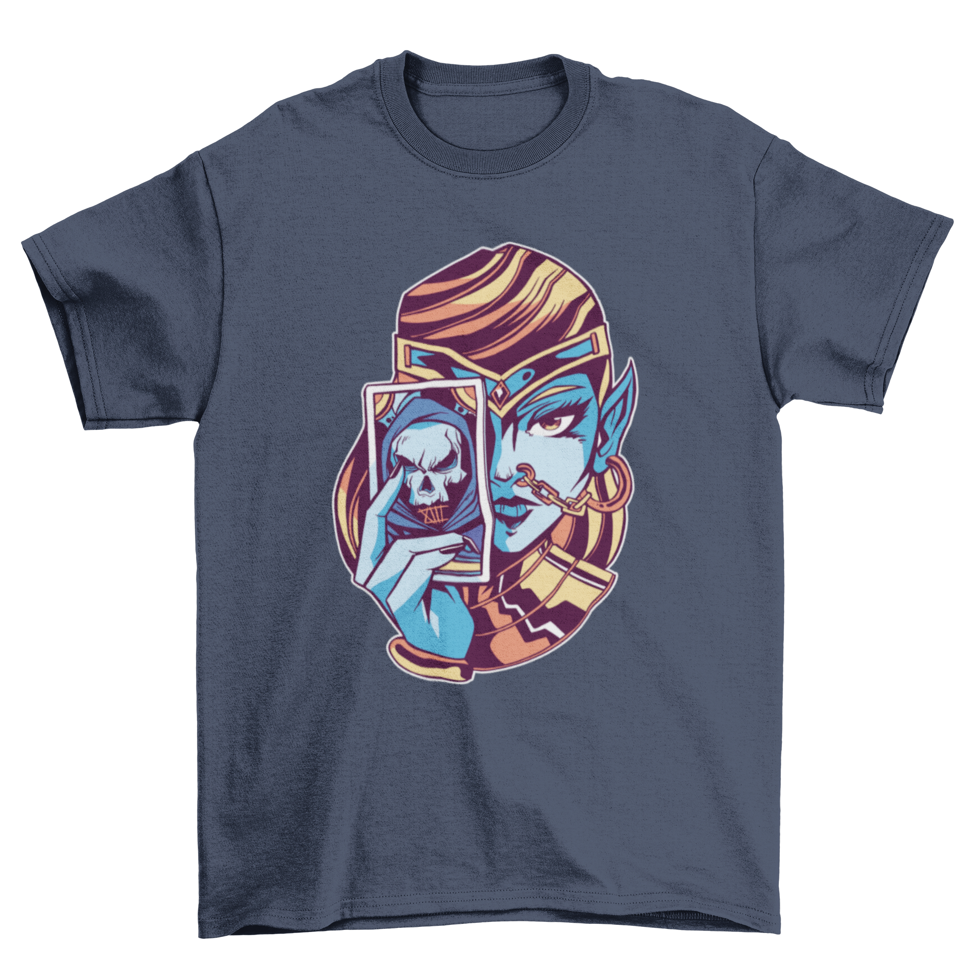 A fortune teller t-shirt design featuring a whimsical elf holding a death tarot card, showcasing intricate details and vibrant colors.