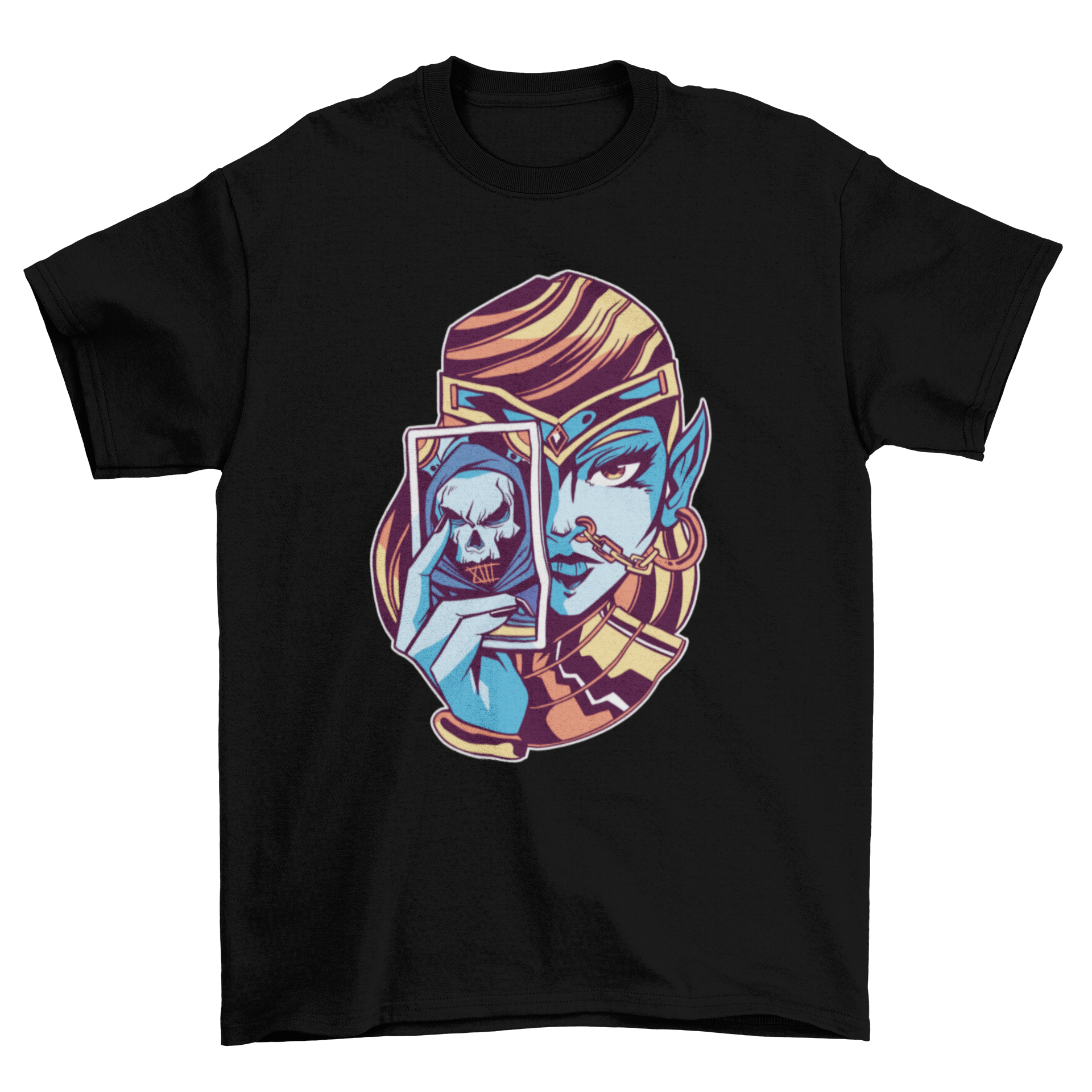 A fortune teller t-shirt design featuring a whimsical elf holding a death tarot card, showcasing intricate details and vibrant colors.