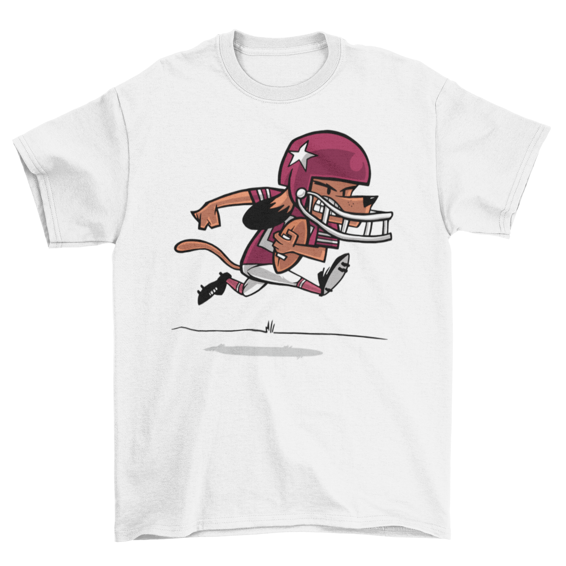 A playful cartoon dog wearing a football t-shirt, running joyfully with a football.