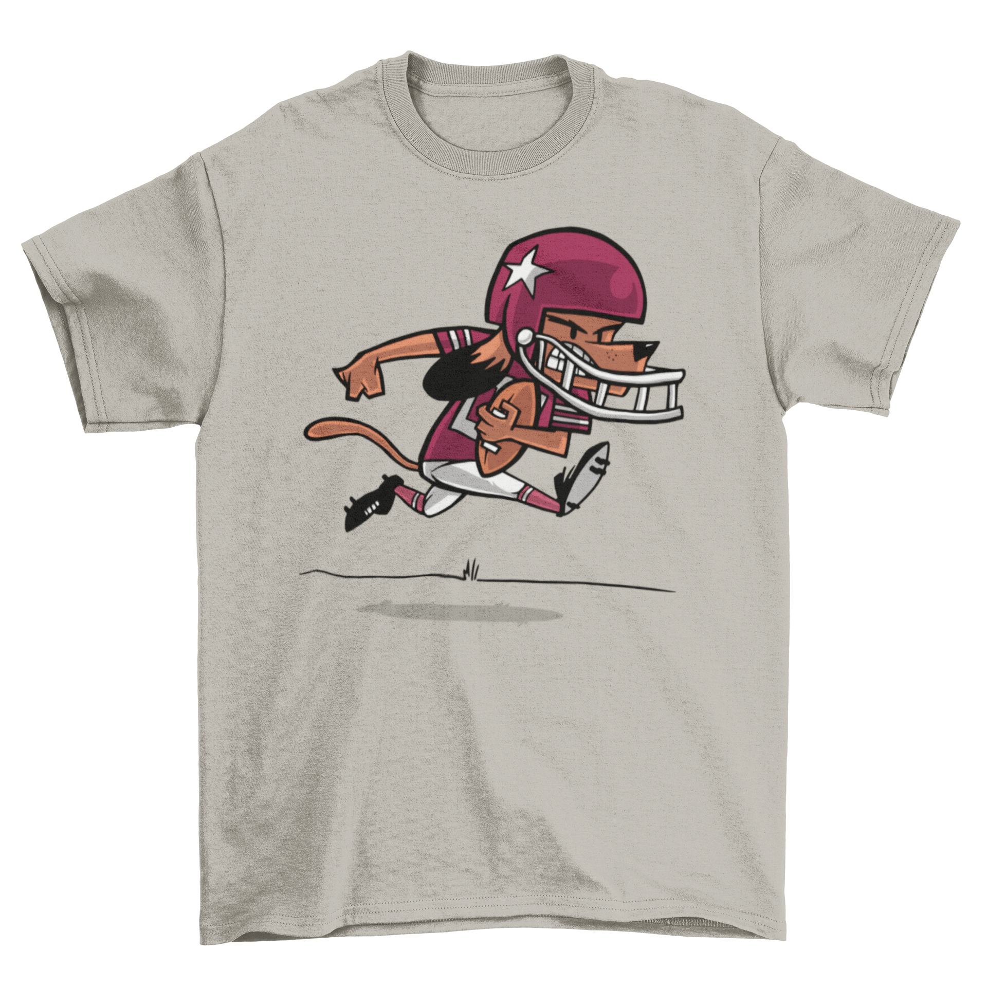 A playful cartoon dog wearing a football t-shirt, running joyfully with a football.