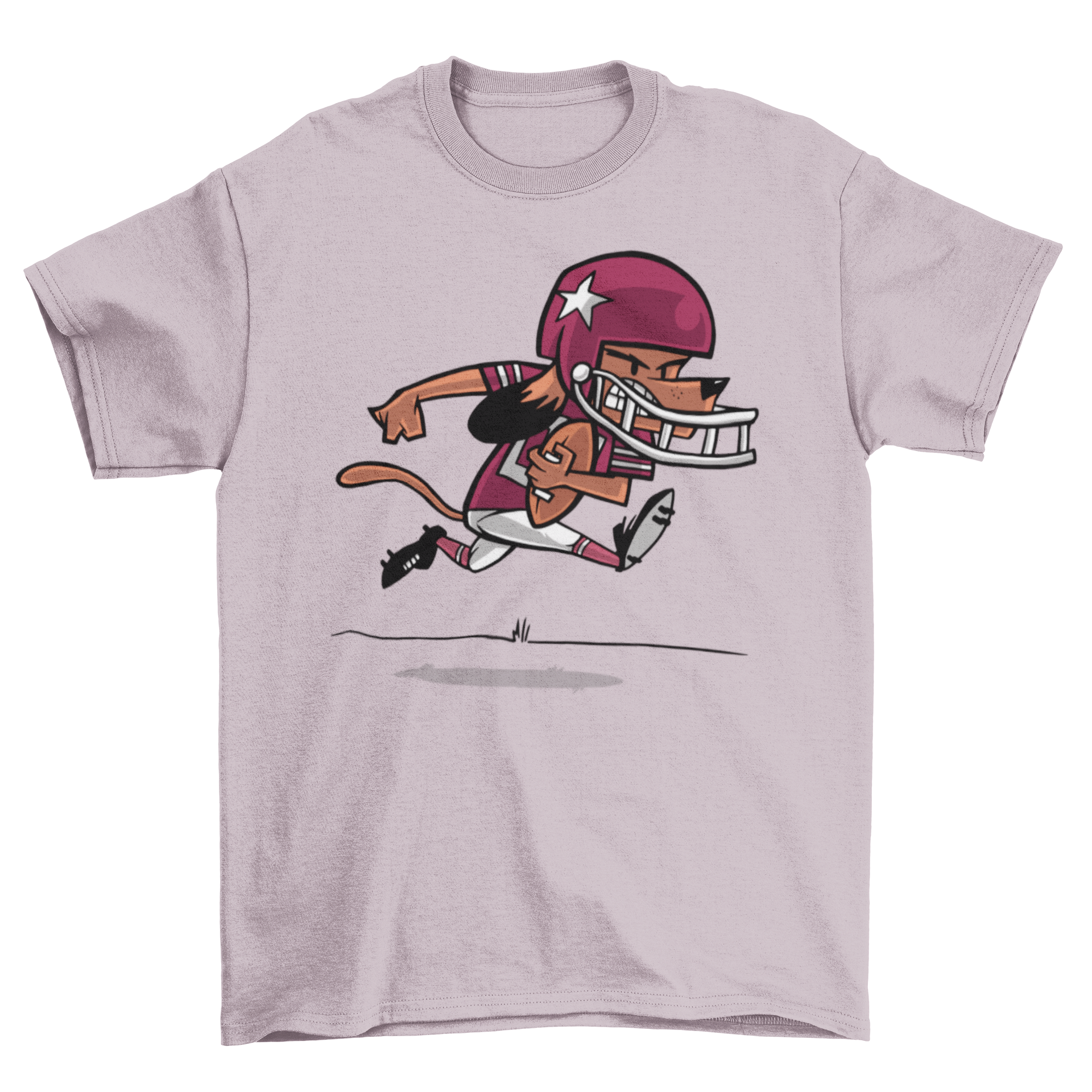 A playful cartoon dog wearing a football t-shirt, running joyfully with a football.