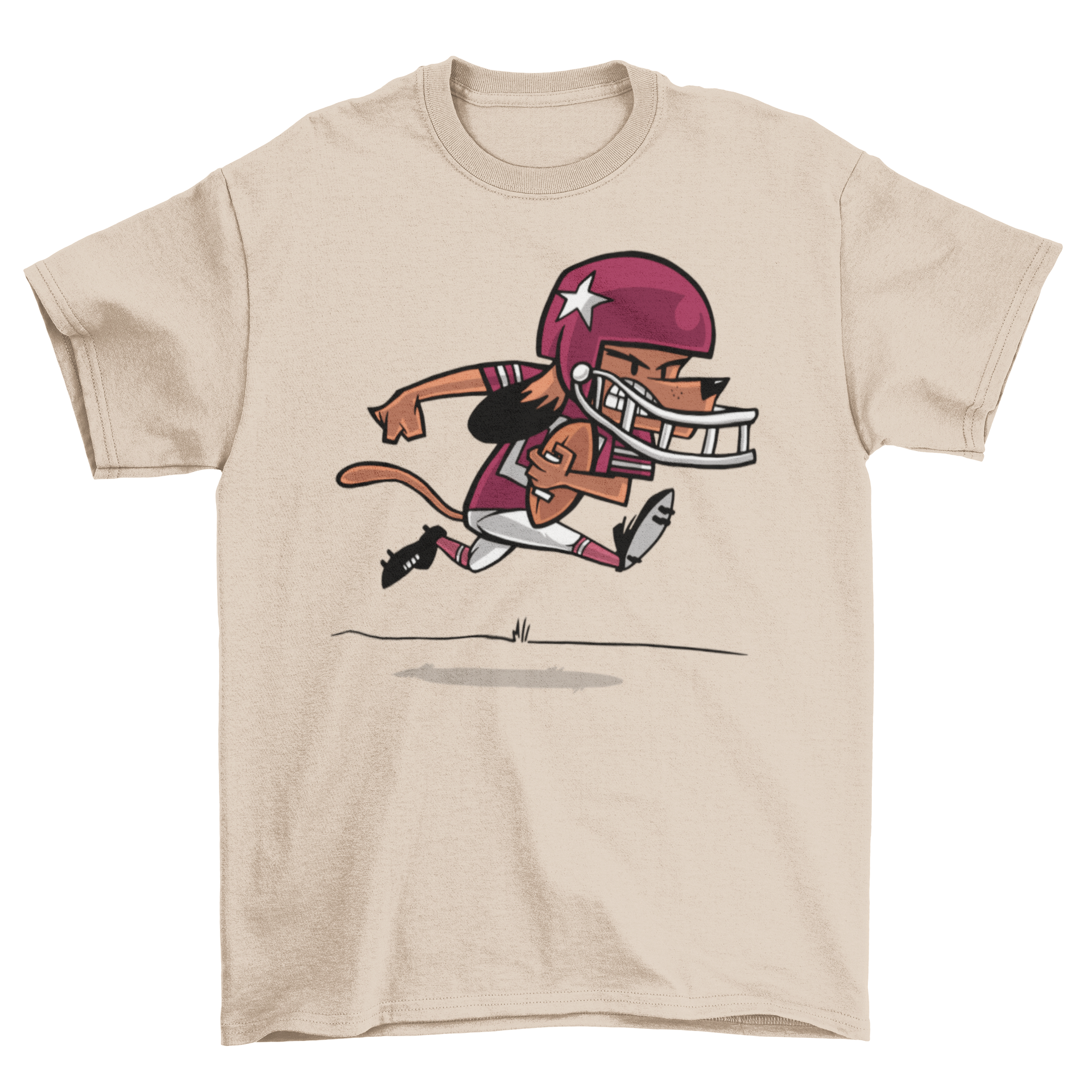 A playful cartoon dog wearing a football t-shirt, running joyfully with a football.