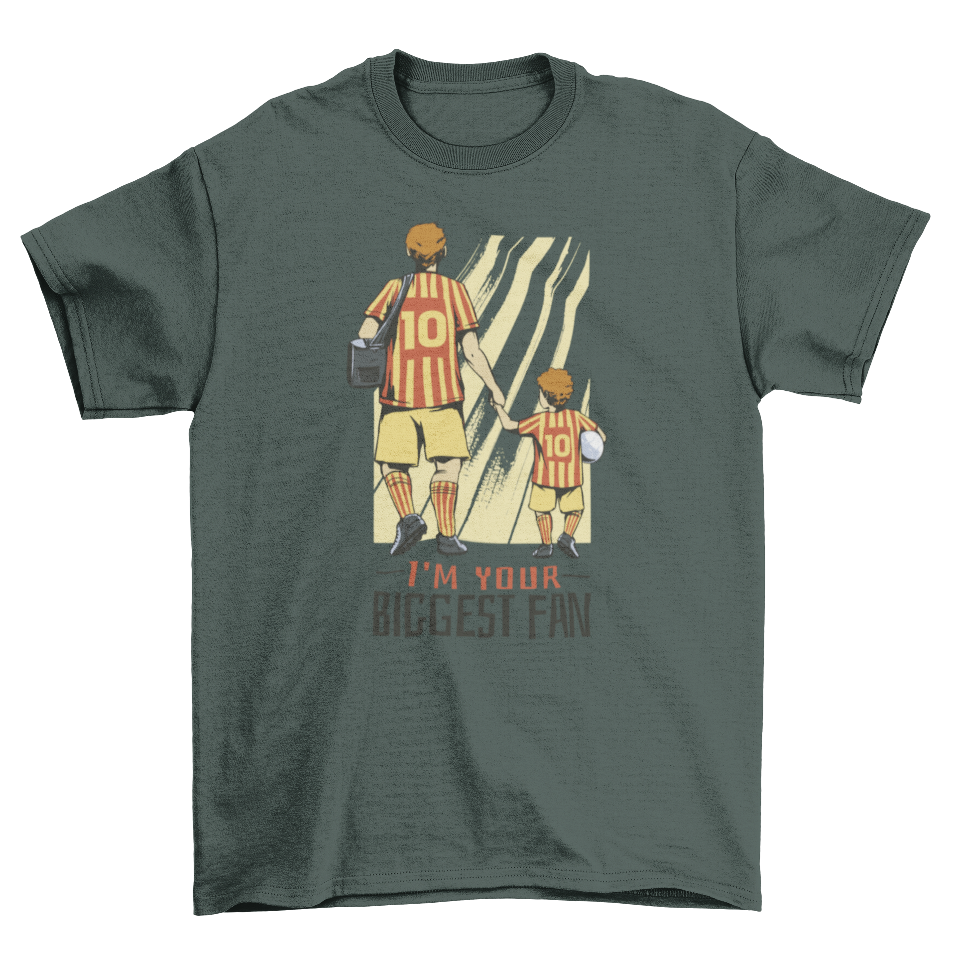 A cute t-shirt featuring a father and son in football uniforms with the quote 'I'm your biggest fan'.