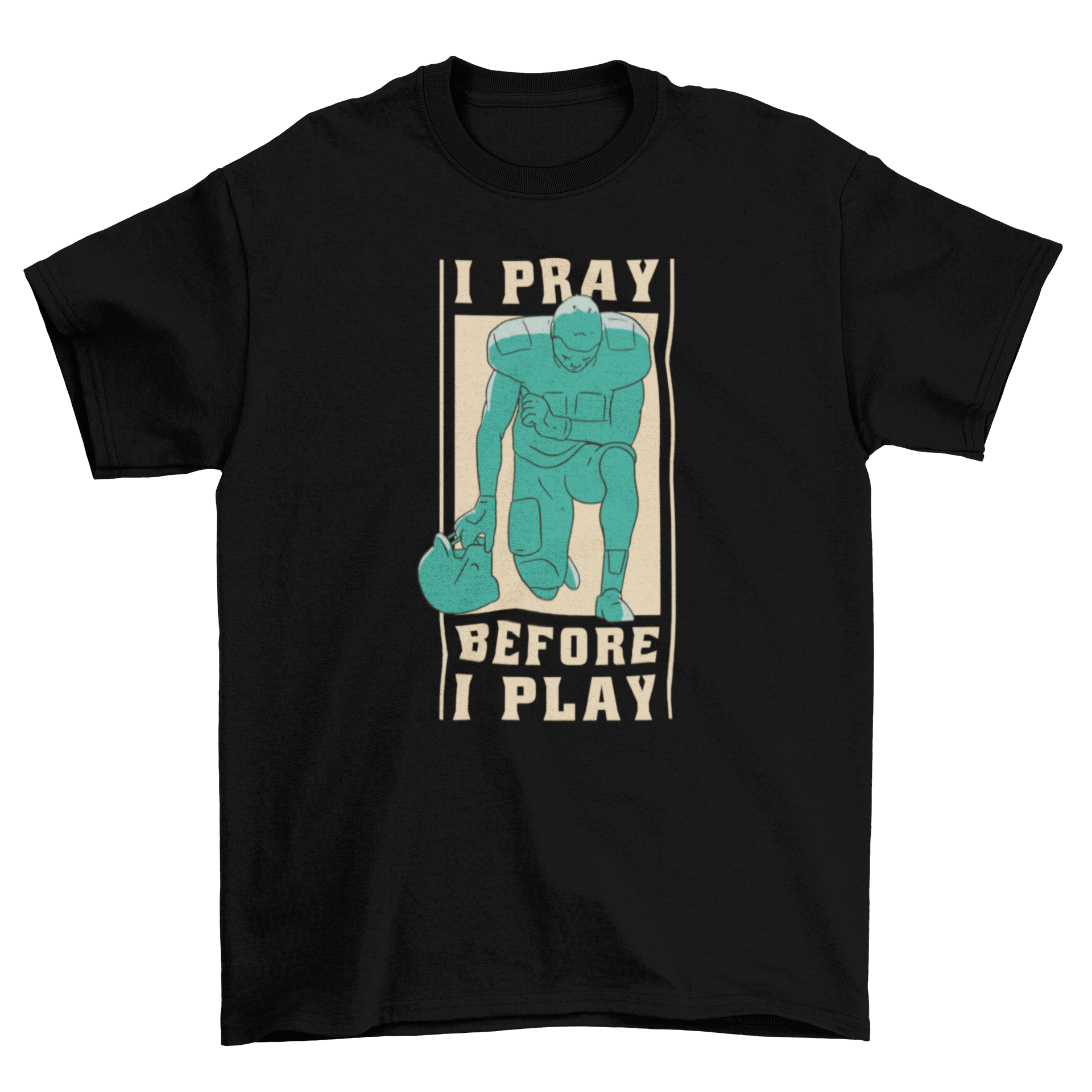 Football player praying on knees with inspirational quote t-shirt design.