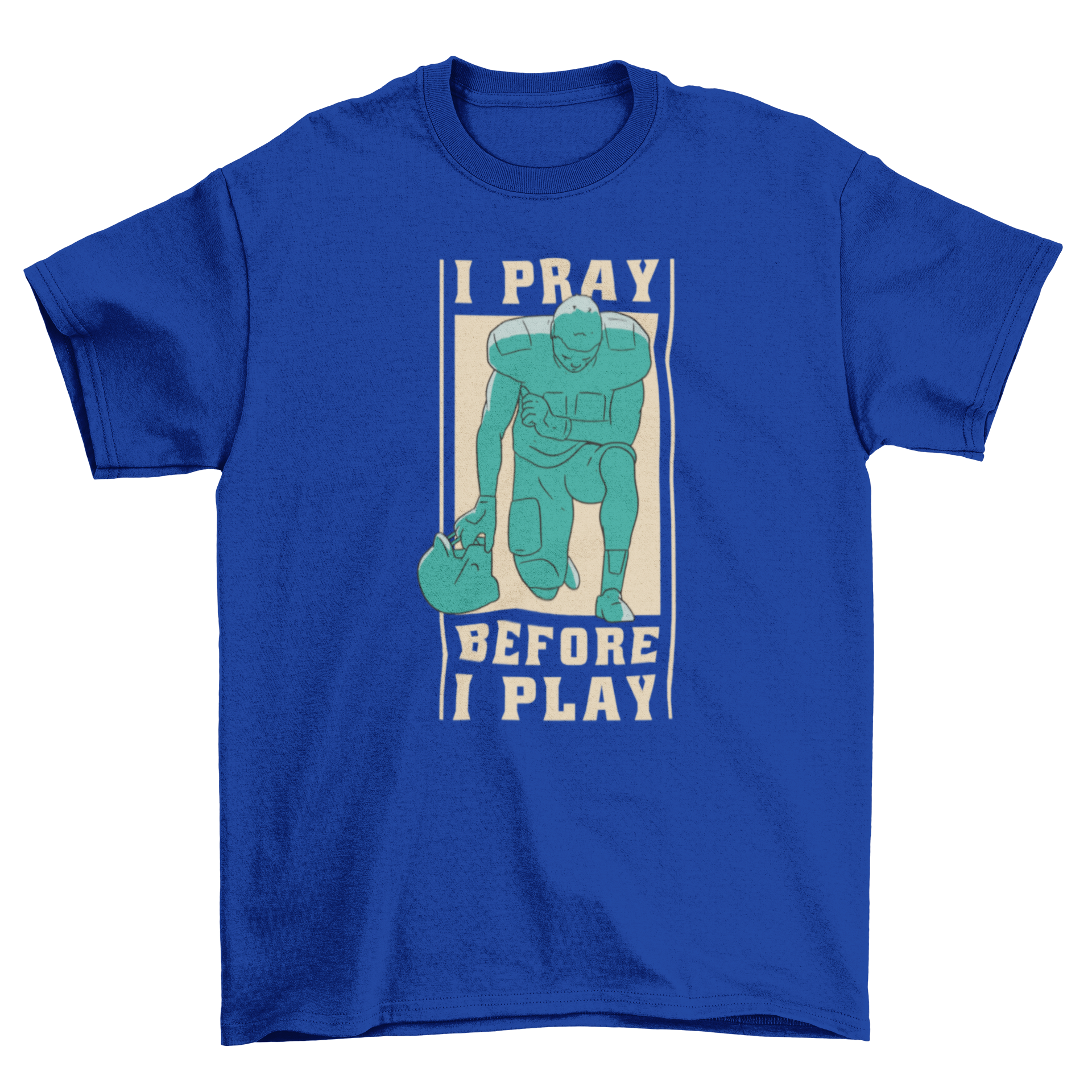 Football player praying on knees with inspirational quote t-shirt design.