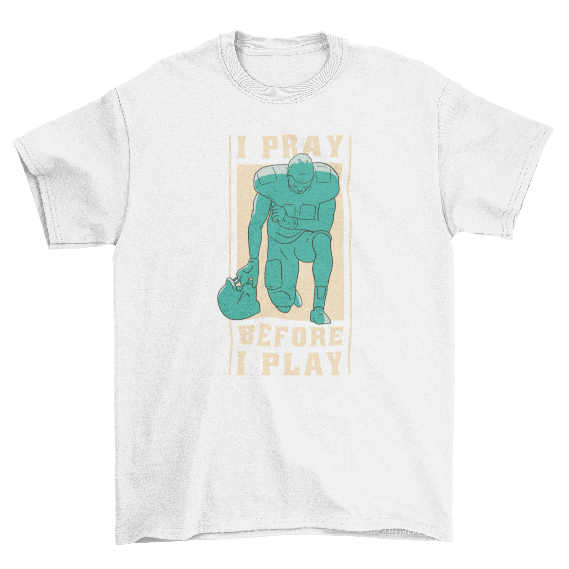 Football player praying on knees with inspirational quote t-shirt design.