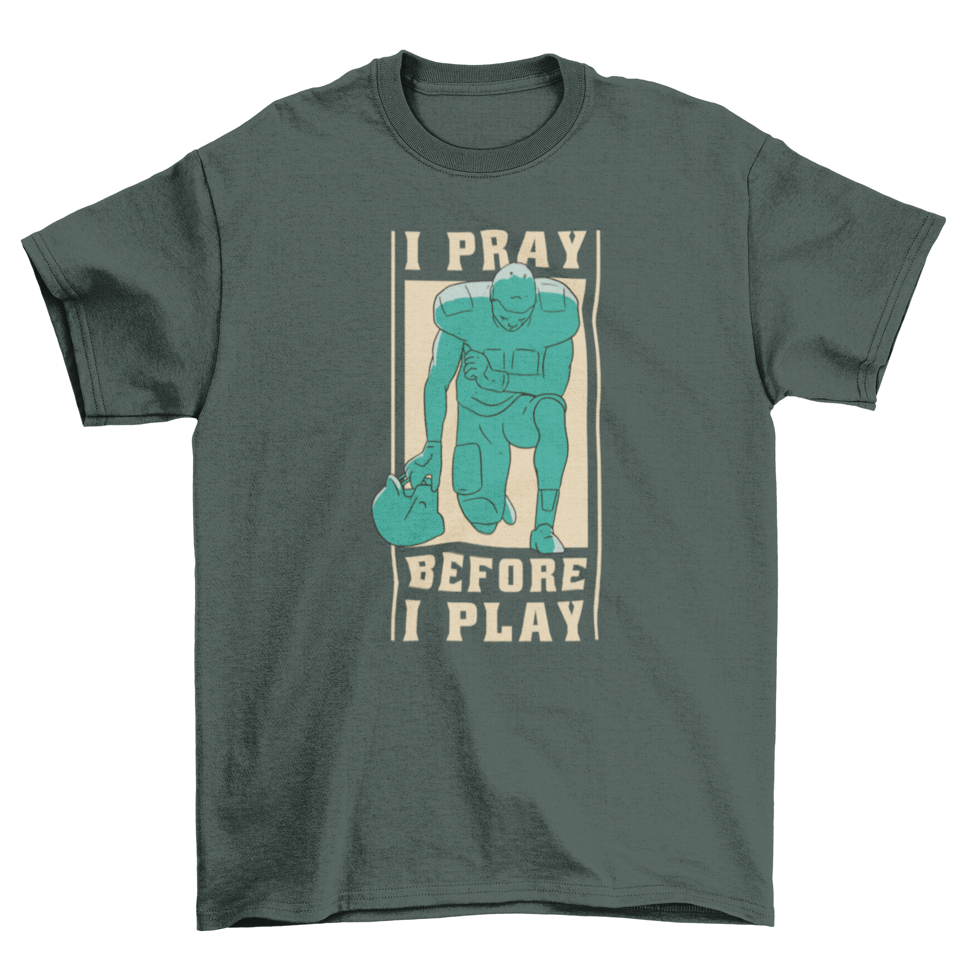 Football player praying on knees with inspirational quote t-shirt design.