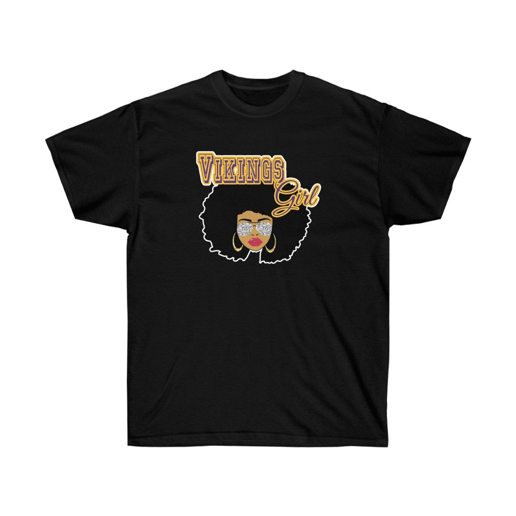 Football Vikings Afro Black Girl T-Shirt made from soft cotton, featuring vibrant vinyl print, designed for comfort and style.