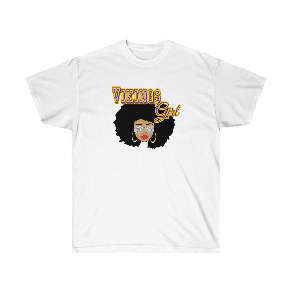 Football Vikings Afro Black Girl T-Shirt made from soft cotton, featuring vibrant vinyl print, designed for comfort and style.