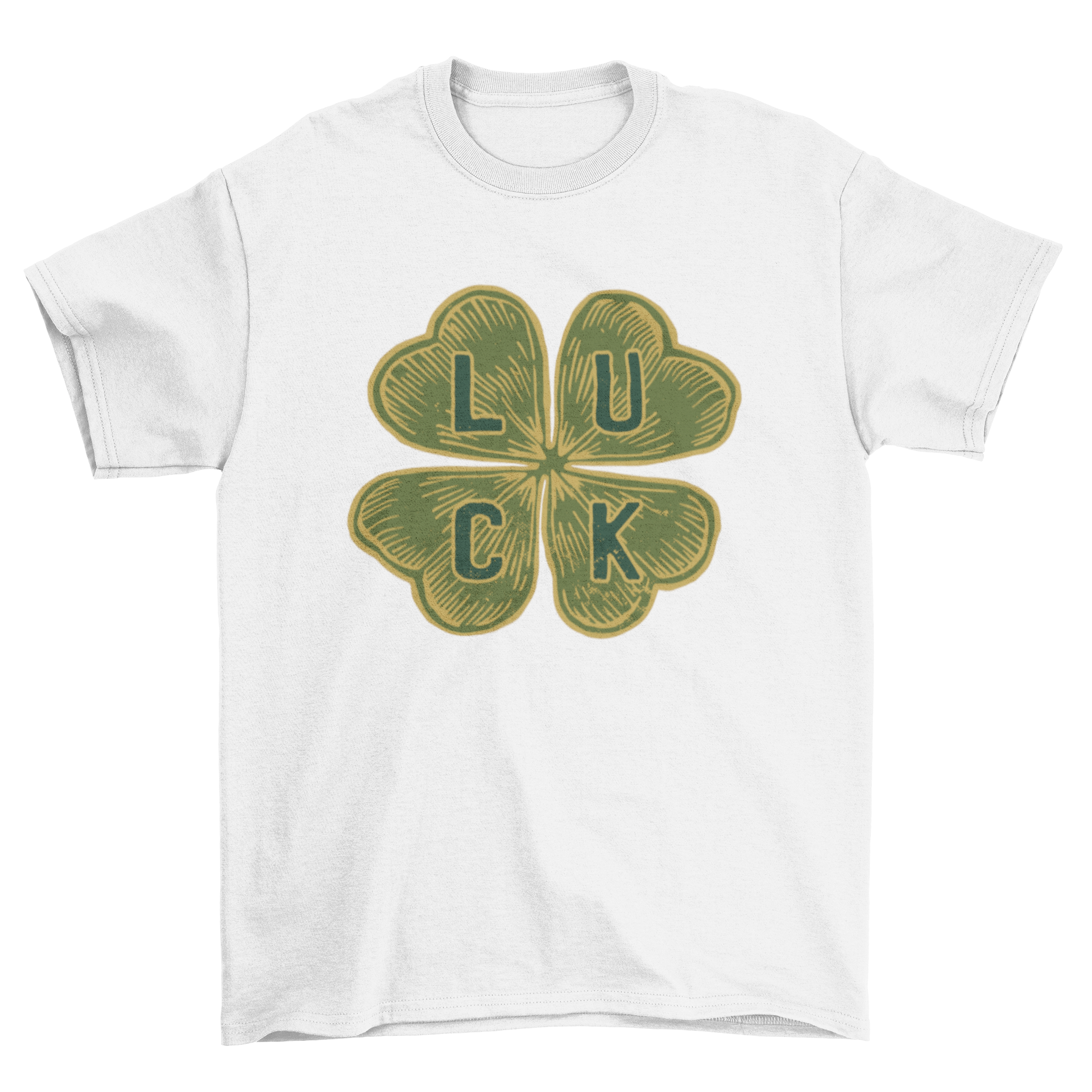 A stylish Four-leaf Clover Luck T-shirt featuring a unique design with a four-leaf clover spelling the word LUCK.