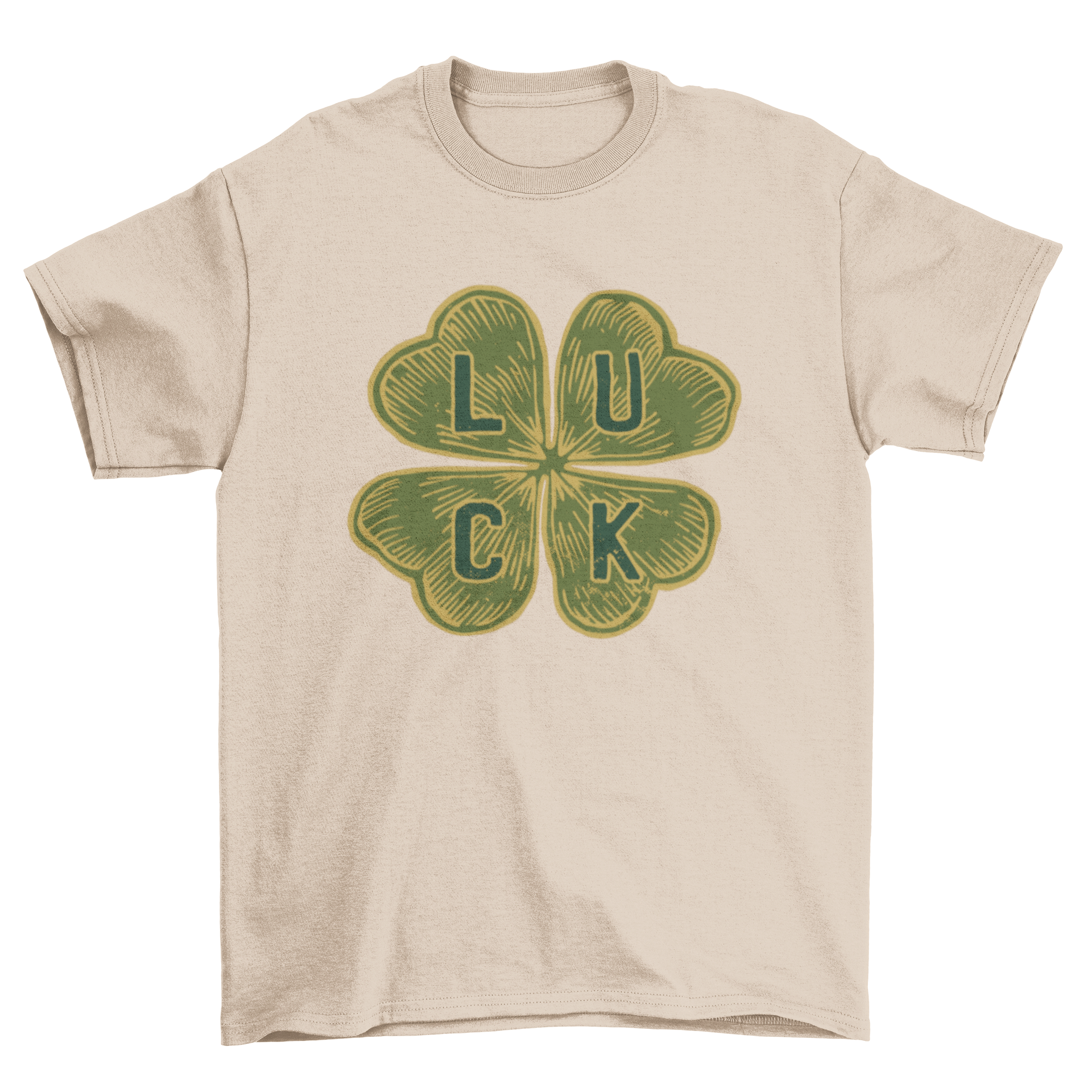 A stylish Four-leaf Clover Luck T-shirt featuring a unique design with a four-leaf clover spelling the word LUCK.