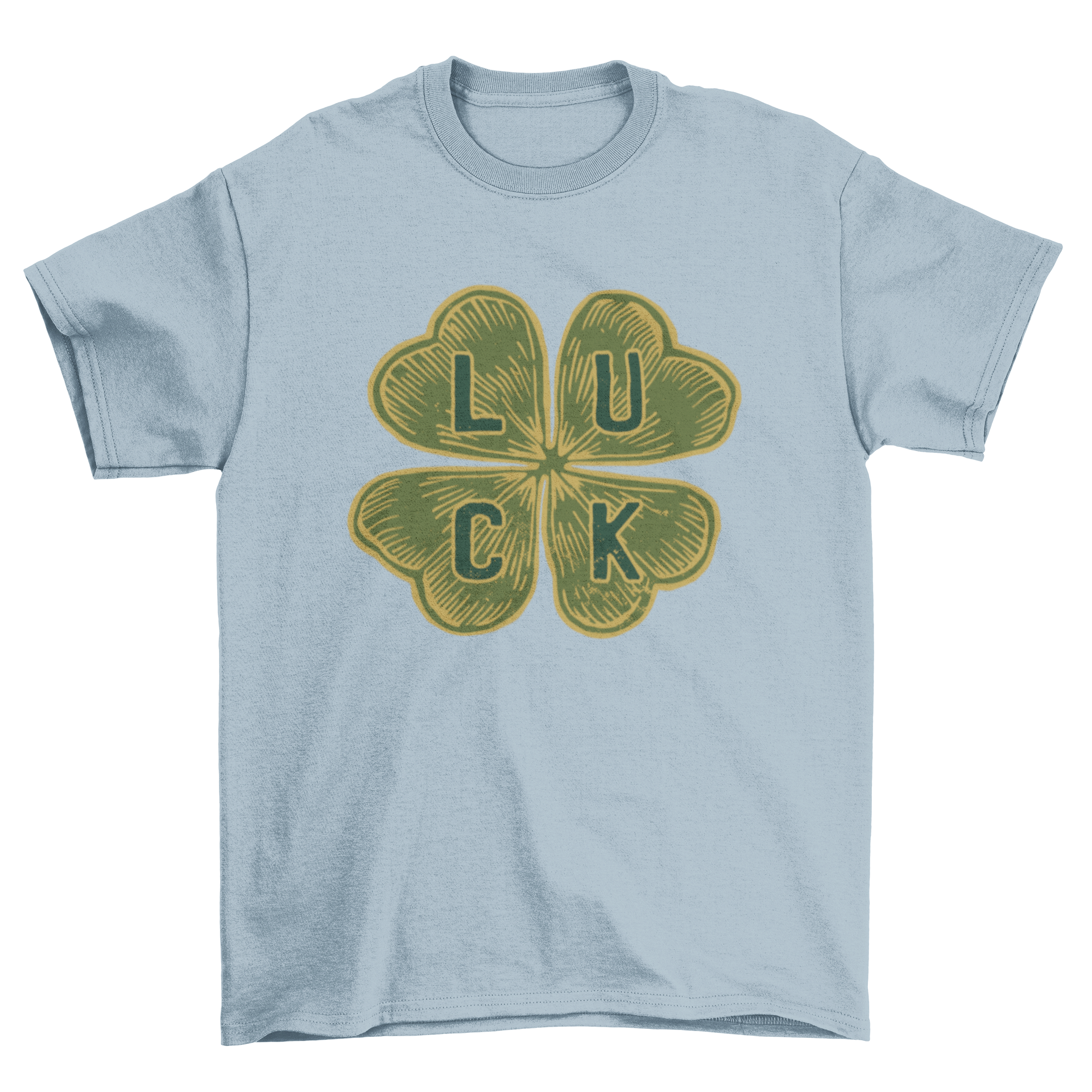 A stylish Four-leaf Clover Luck T-shirt featuring a unique design with a four-leaf clover spelling the word LUCK.