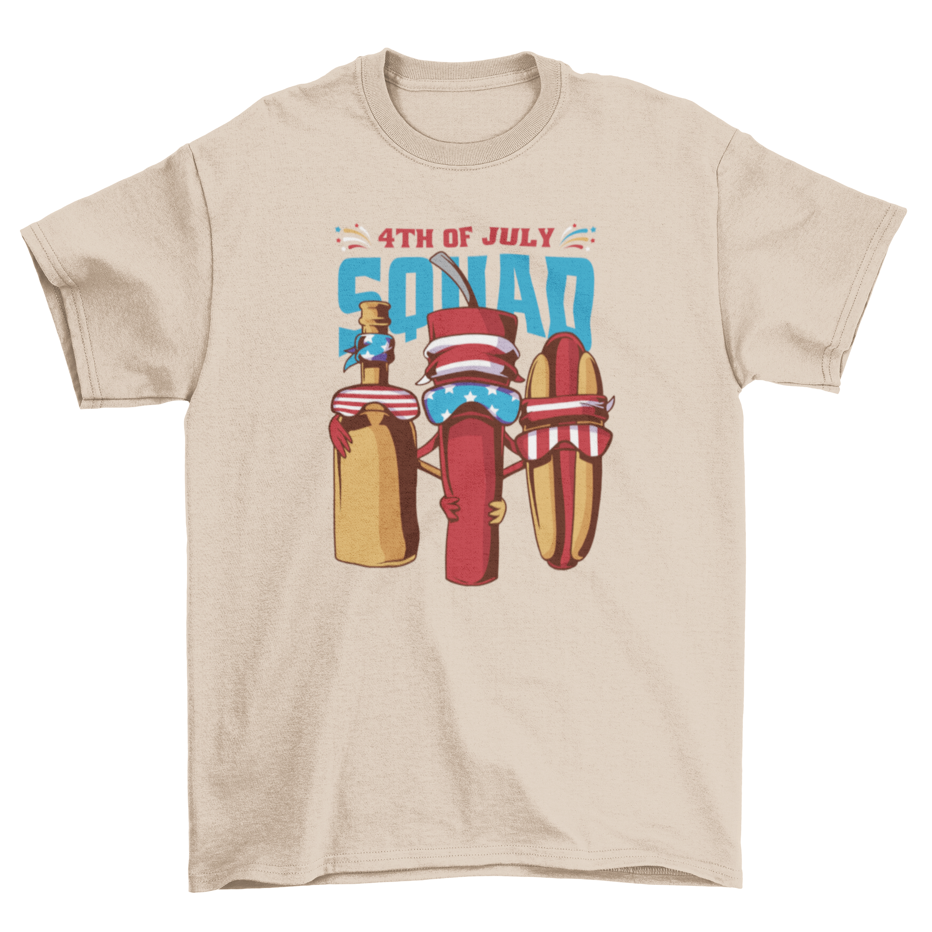 Fourth of July t-shirt featuring a hot dog and bottles with sunglasses, decorated with the American flag.