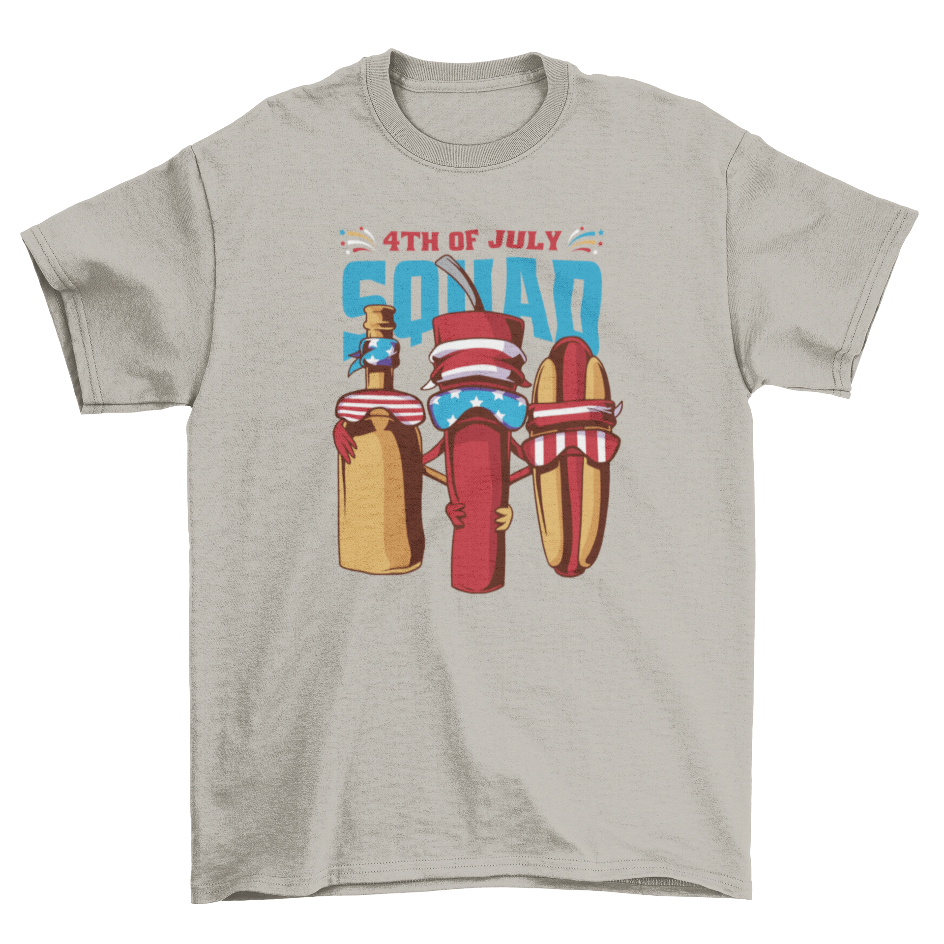 Fourth of July t-shirt featuring a hot dog and bottles with sunglasses, decorated with the American flag.