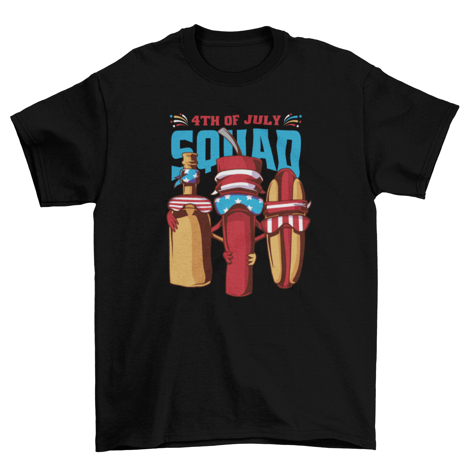 Fourth of July t-shirt featuring a hot dog and bottles with sunglasses, decorated with the American flag.