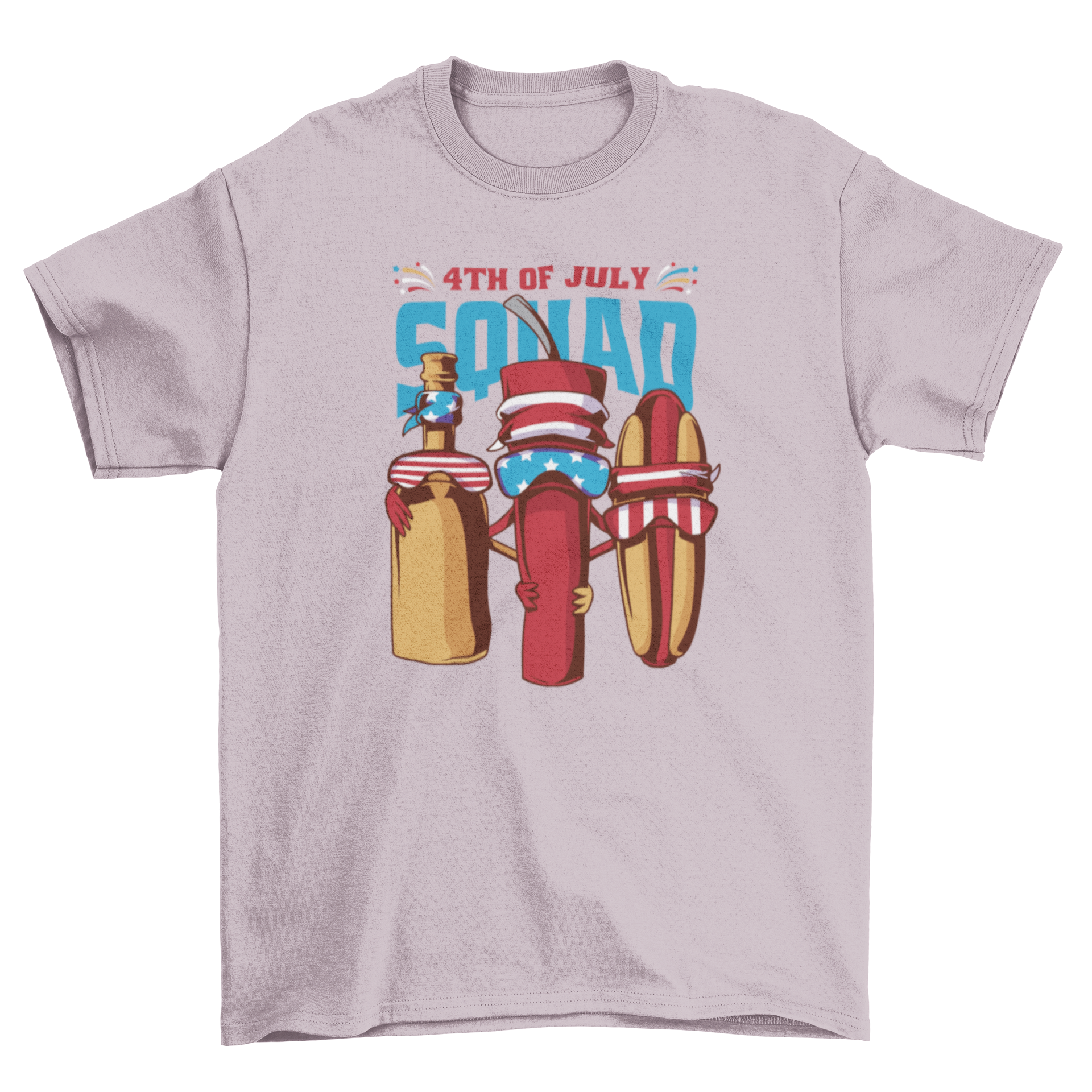 Fourth of July t-shirt featuring a hot dog and bottles with sunglasses, decorated with the American flag.